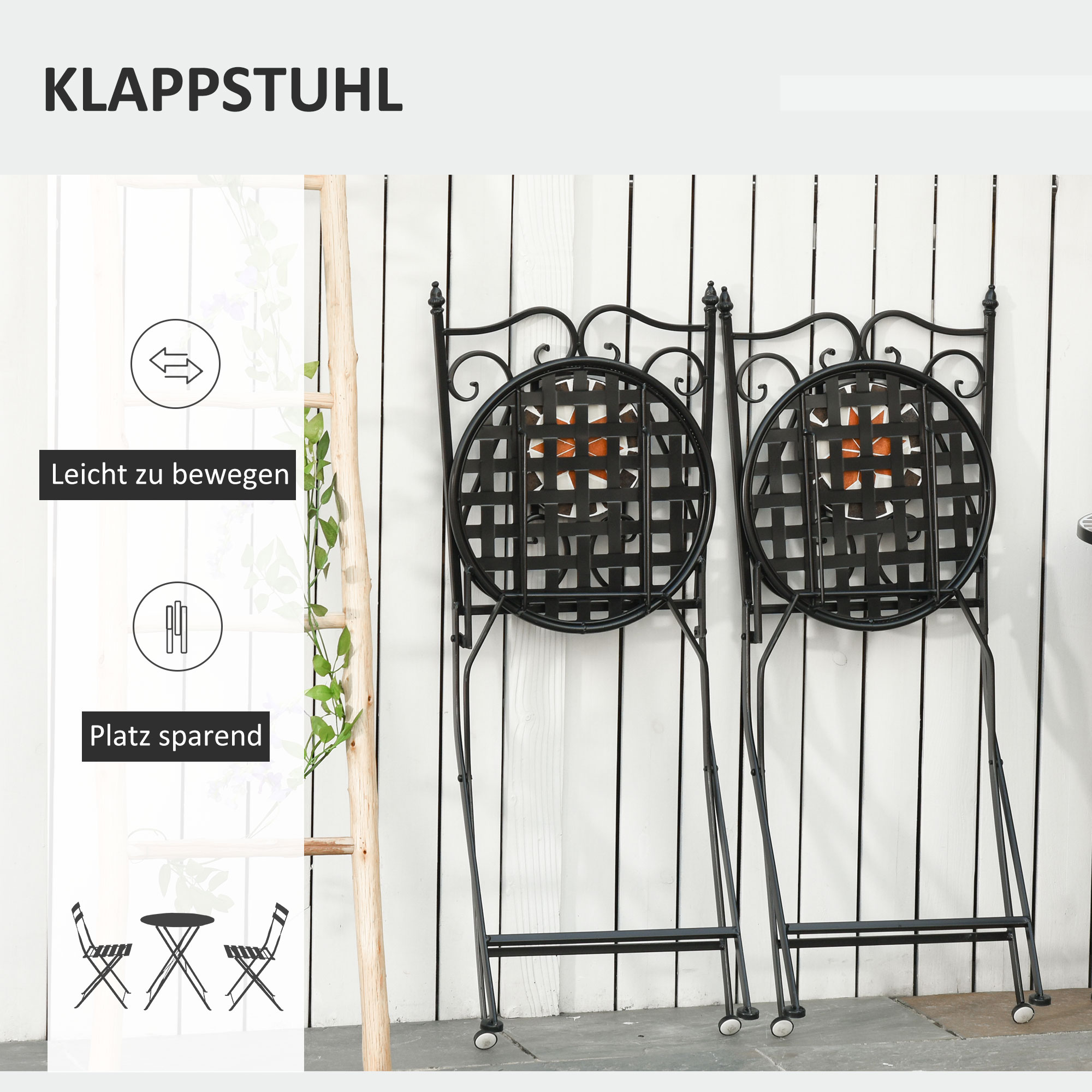 Zitgroep voor in de tuin 3-delige mozaïektafel + 2 opklapbare metalen stoelen