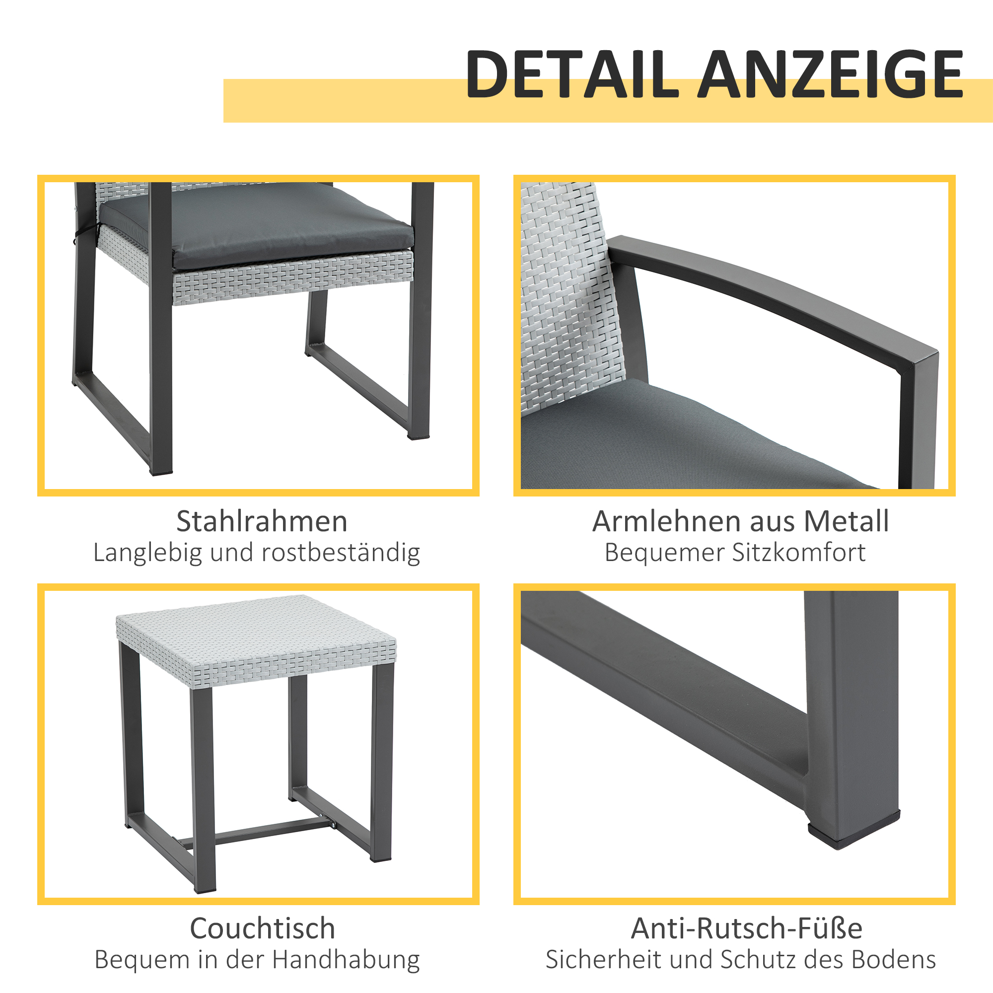 Outsunny poly rotan bistro set 3 st. Balkonmeubelset, tuinmeubelset met bijzettafel, tuinset, zitset met zitkussen, staal, zwart en grijs
