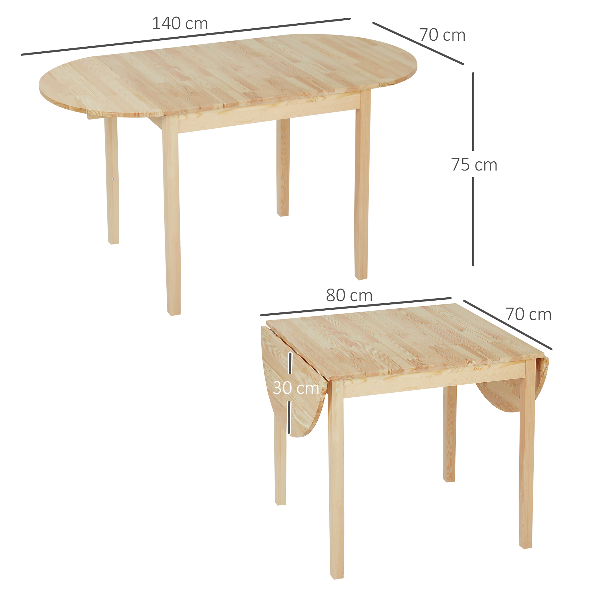HOMCOM Opklapbare Houten Eettafel Keukentafel voor 6 Personen met Drop-Leaf-Design 140 x 70 x 75 cm Natuurhout