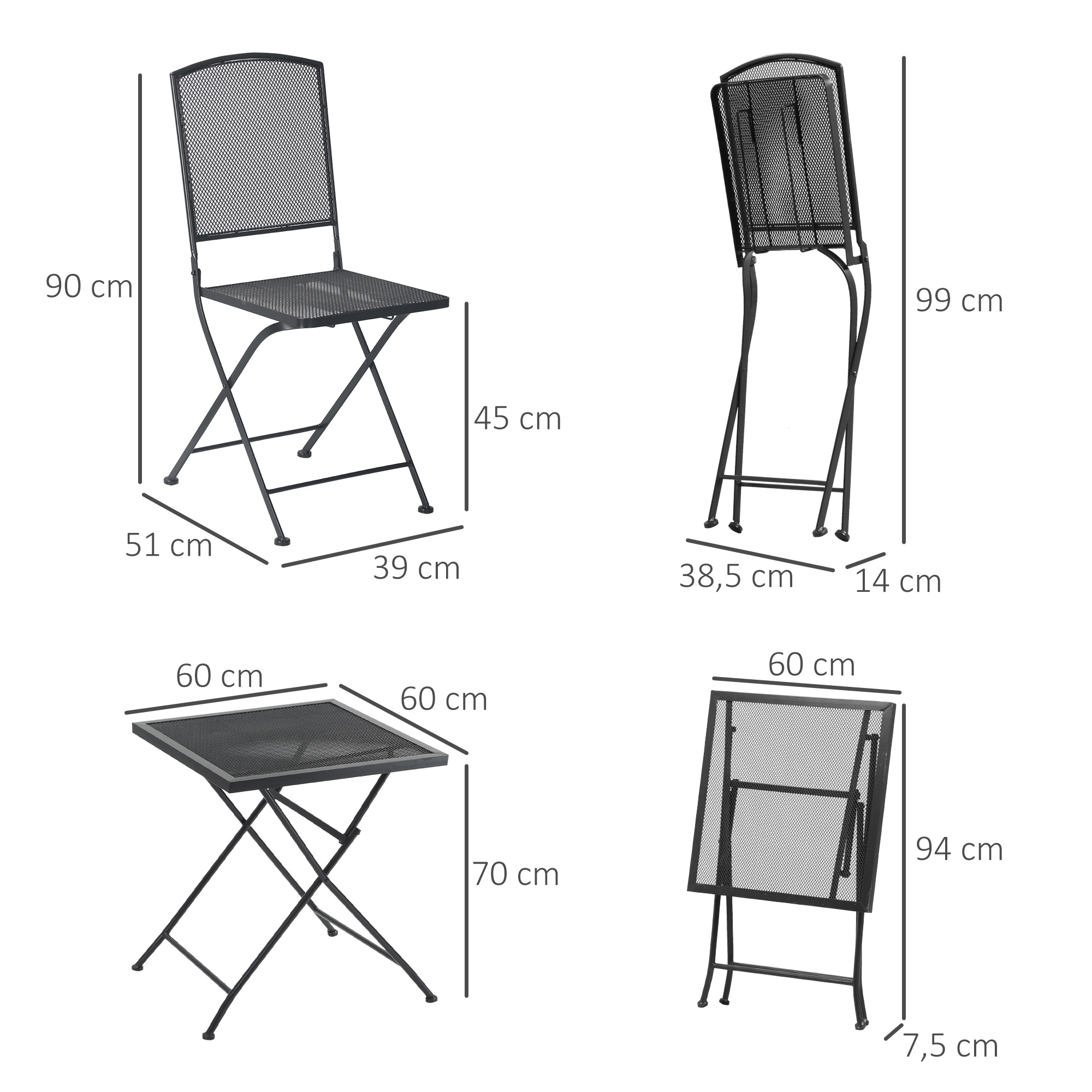 Outsunny 3-delige bistroset, opvouwbare zitgroep voor tuin, balkon