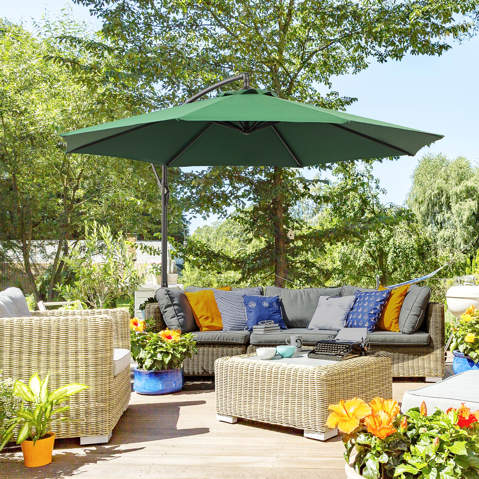 Outsunny Parasol met Handzwengel Weerbestendig 3 m x 3 m x 2,5 m XXL Groen