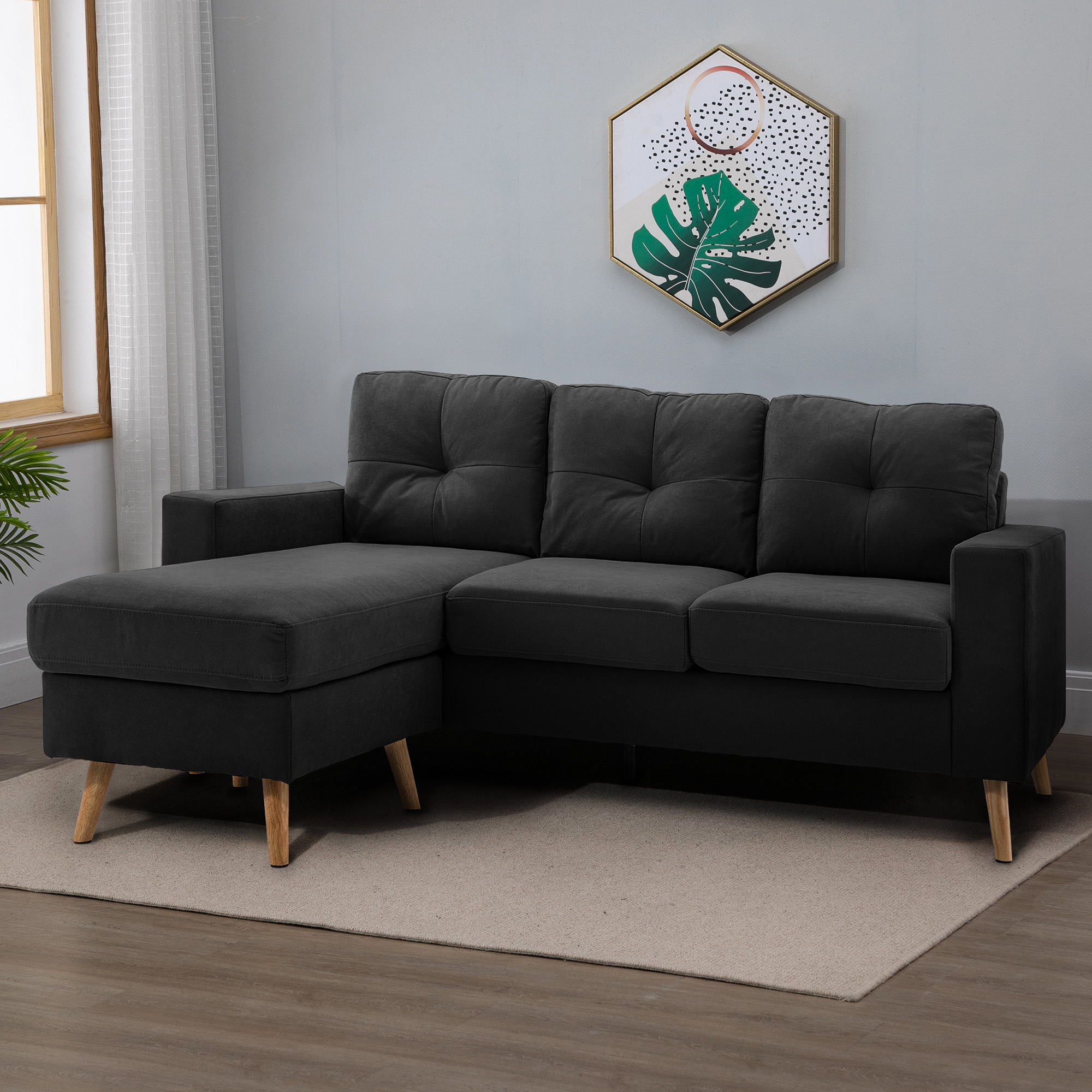 HOMCOM 3-zits hoekbank, linnenlook, omkeerbare chaise longue, 193x136x85 cm, zwart