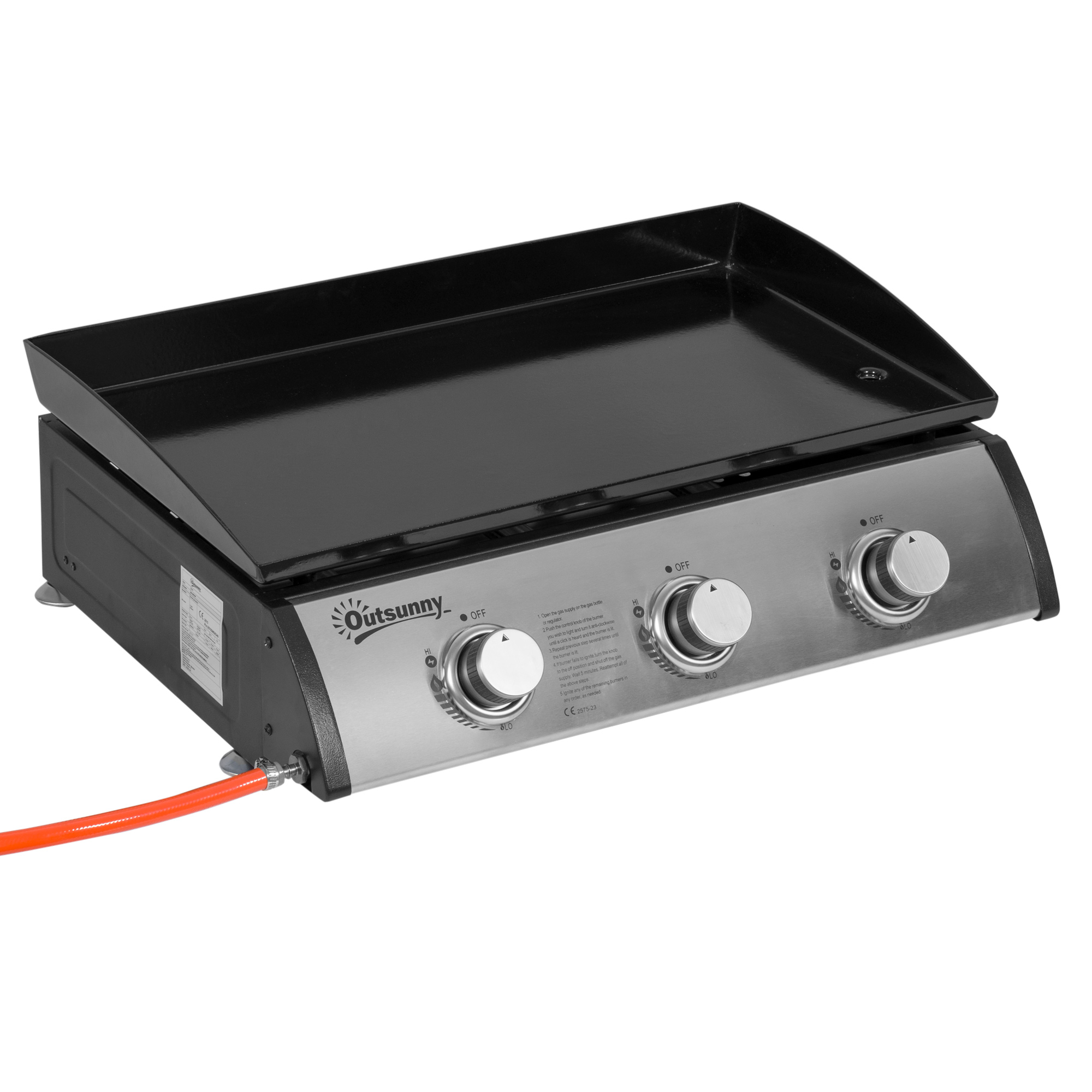 Outsunny Gasgrill met 3 Branders, Slang, Anti-aanbak Grillplaat, Roestvrijstaal, Kleur: Zilver, 63 x 48 x 21 cm