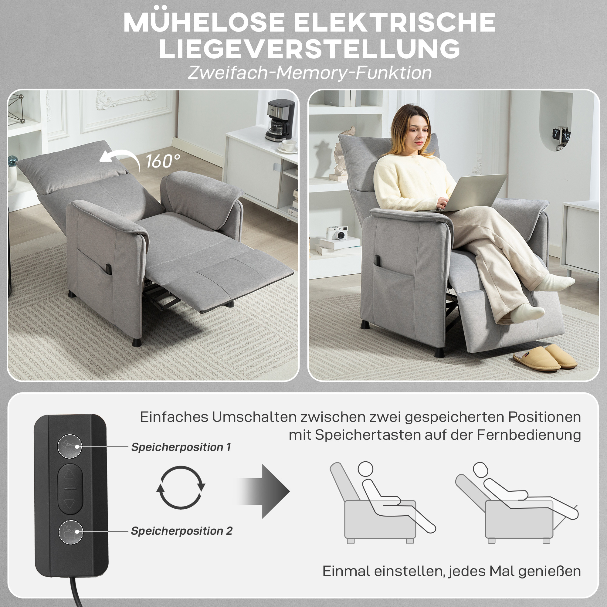 HOMCOM Relaxstoel met Stille Motor, Zetel met Stevige Stoffering, Geheugenfunctie, Aanpasbare Voetensteun - Grijs