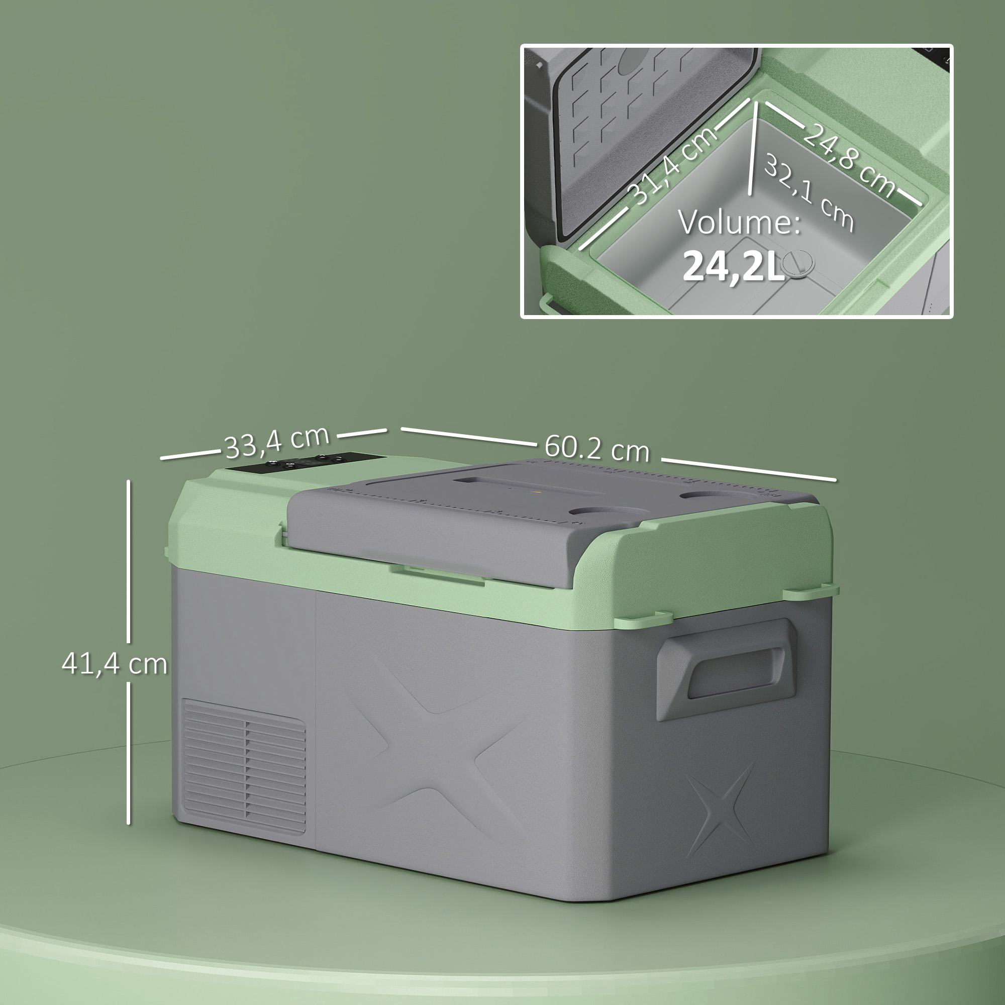 Outsunny 24,2 Liter Campingkoelkast, Autokoelkast, Koelbox met LED-Licht, AC- en DC-Adapters, Stille Werking, Grijs+Groen