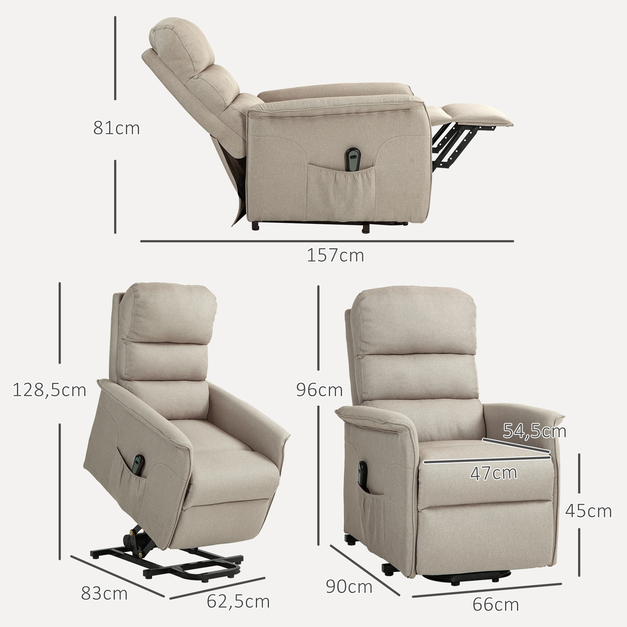 HOMCOM Relaxstoel met Elektrische Opsta-Hulp, Verstelbare Rugleuning/Voetensteun, Tot 120 kg, 66 x 90 x 96 cm, Beige