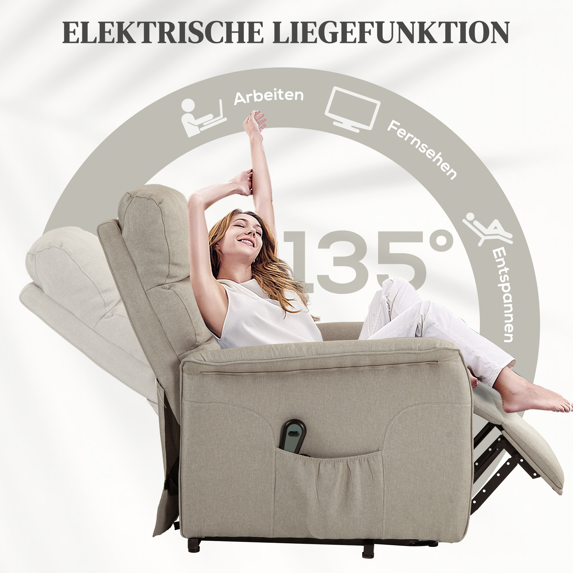 HOMCOM Relaxstoel met Elektrische Opsta-Hulp, Verstelbare Rugleuning/Voetensteun, Tot 120 kg, 66 x 90 x 96 cm, Beige