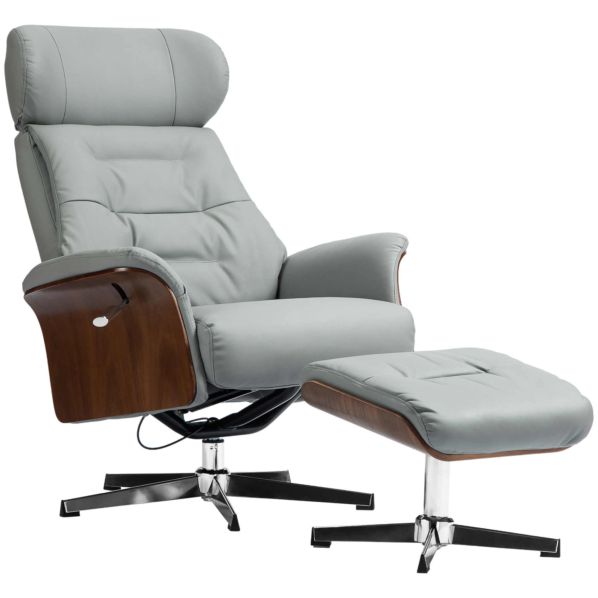 HOMCOM Relaxstoel met Hoker, Ligfunctie, Draaibaar, Lederoptiek, tot 150 kg, Lichtgrijs