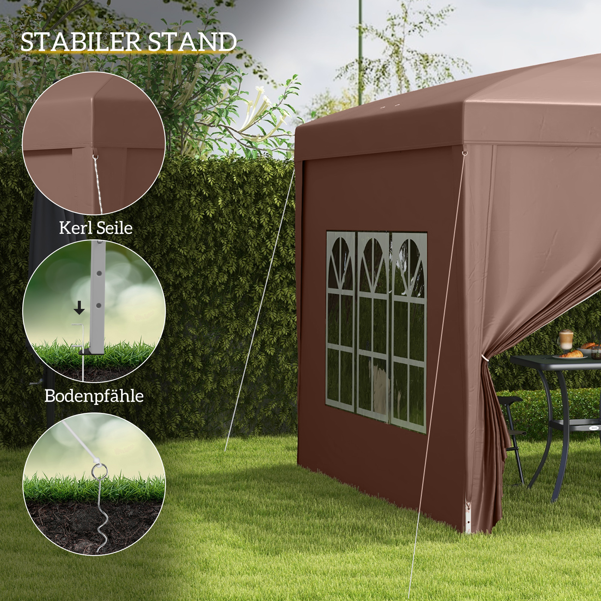 Outsunny 3 x 3 m Paviljoen met 4 zijwanden, ramen, feesttent met UV-bescherming, tuinpaviljoen incl. draagtas, Staal, Koffie