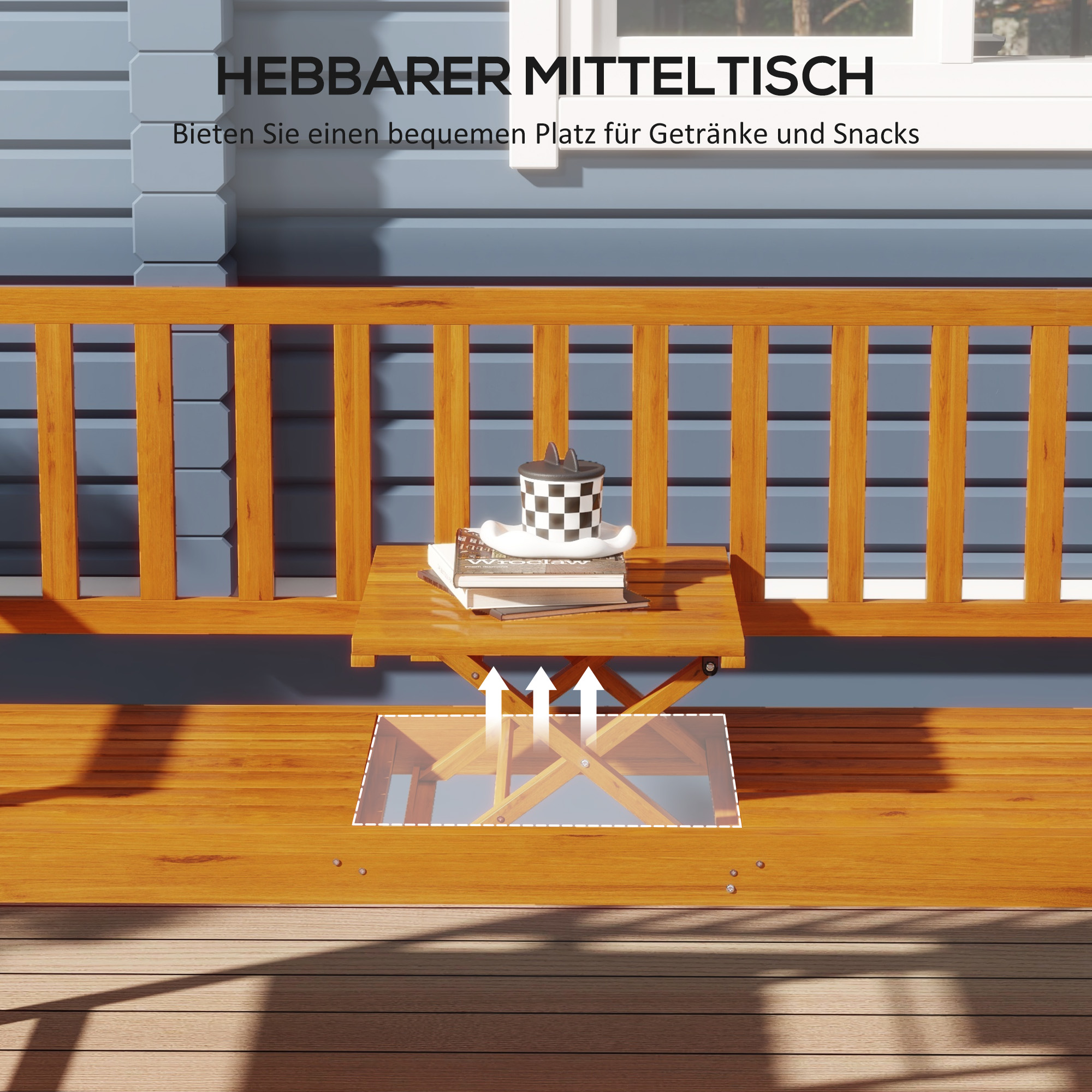 Outsunny Tuinbank Houten Bank Buitenbank, inklapbare Tafel, weerbestendig, Grenenhout, 153 cm x 56 cm x 91 cm, Lichtbruin