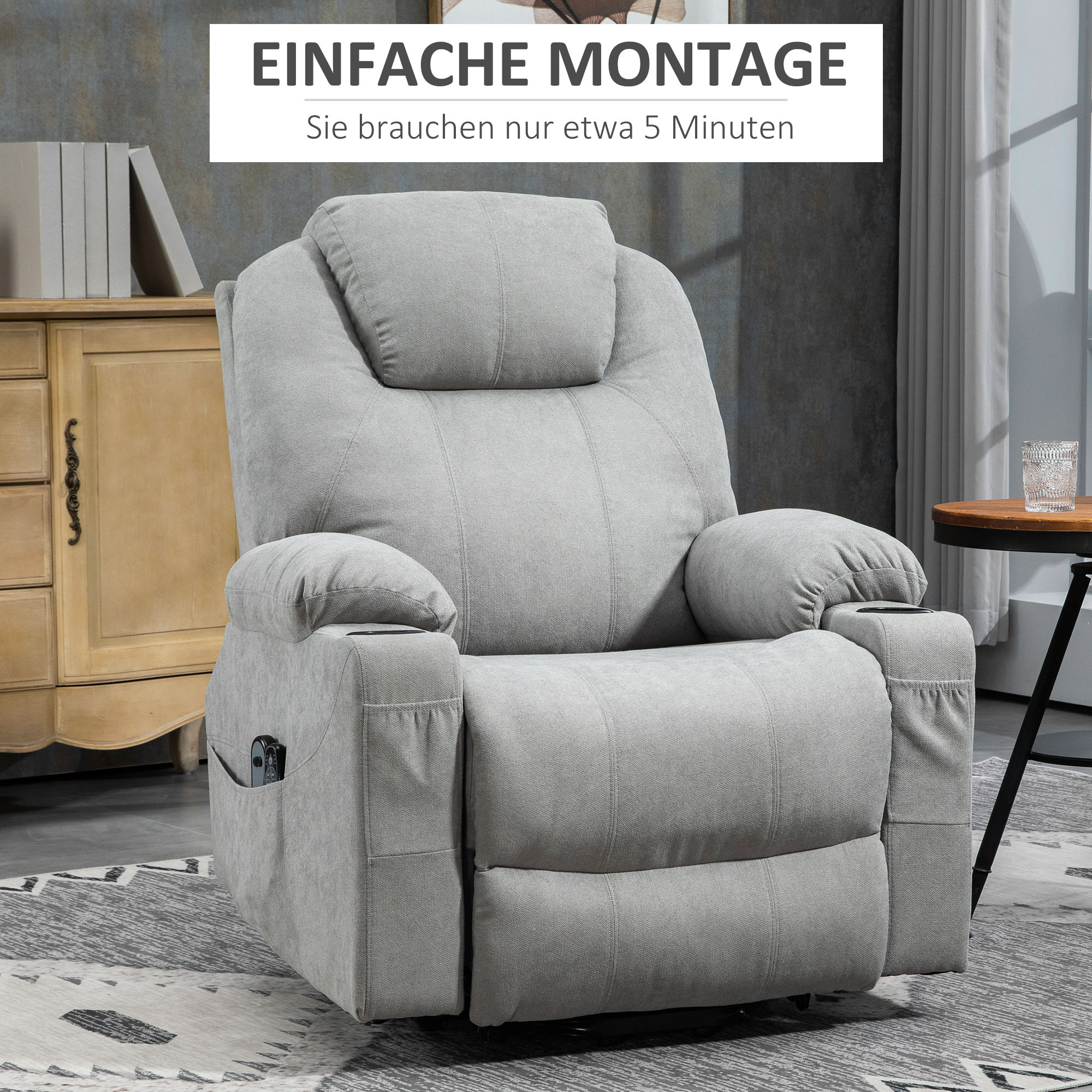 HOMCOM Massagestoel met Opsta-hulp voor Senioren, 8 Vibratiepunten, 2 Zijzakken, Drankhouder, 90 x 101 x 107 cm, Grijs