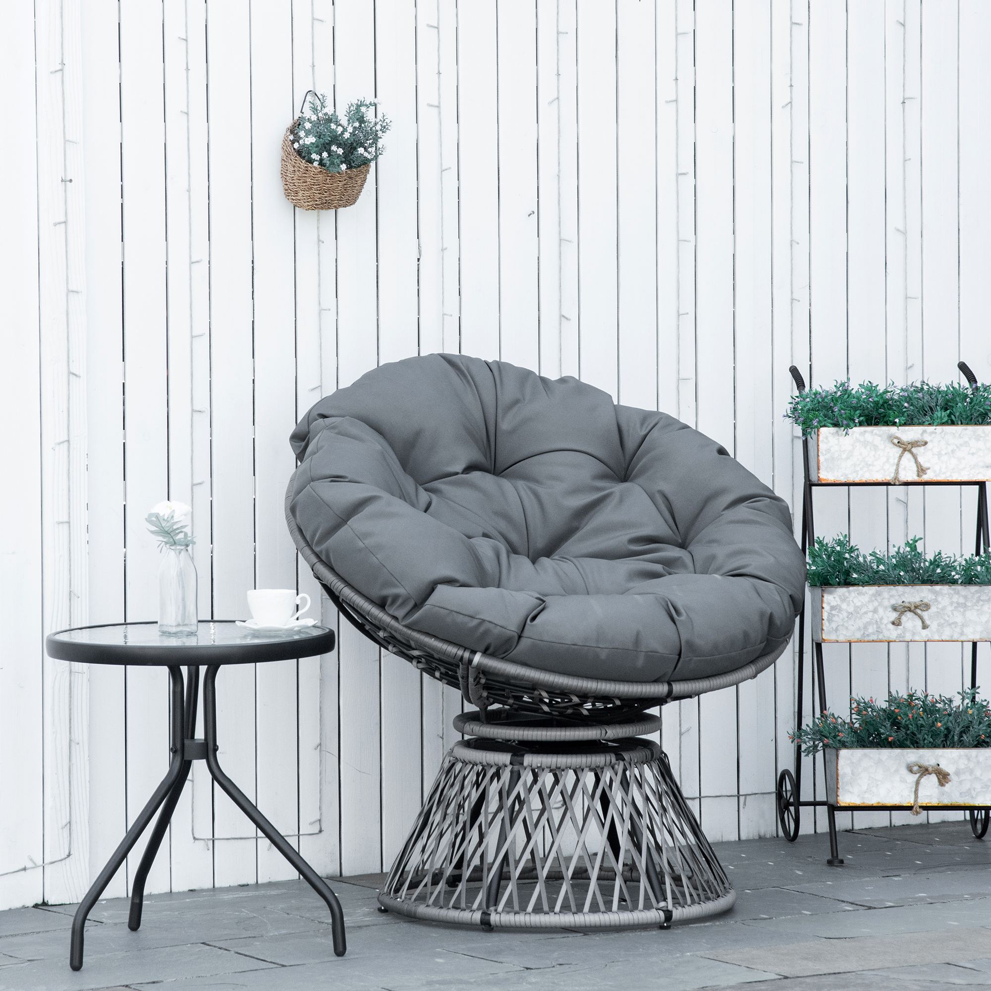 Outsunny Papasan fauteuil met bekleding rieten fauteuil 360 graden rotan grijs