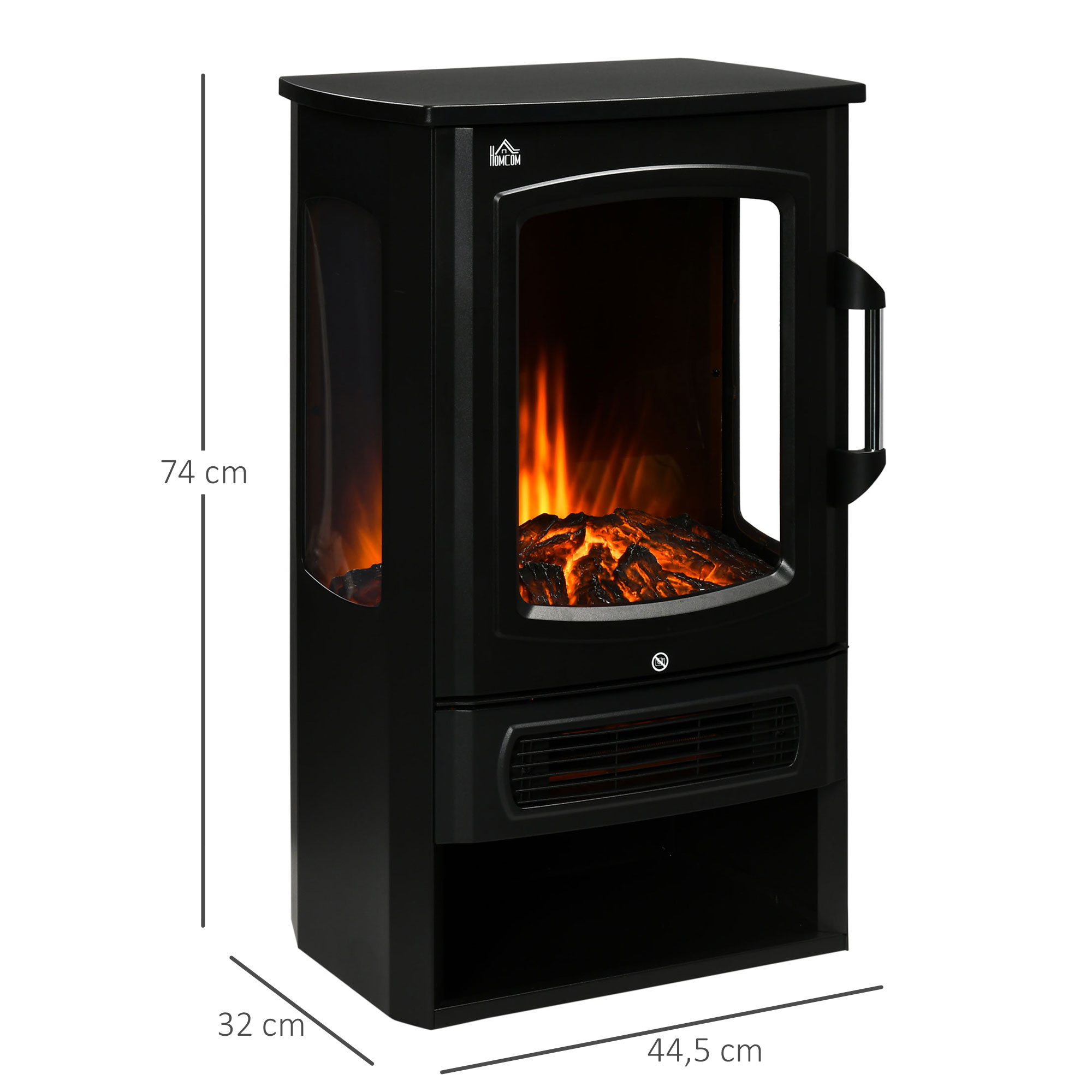 HOMCOM elektrische haard, realistische vlammen, 2 verwarmingsniveaus, bescherming tegen oververhitting, staal, zwart, 44,5 x 32 x 74 cm