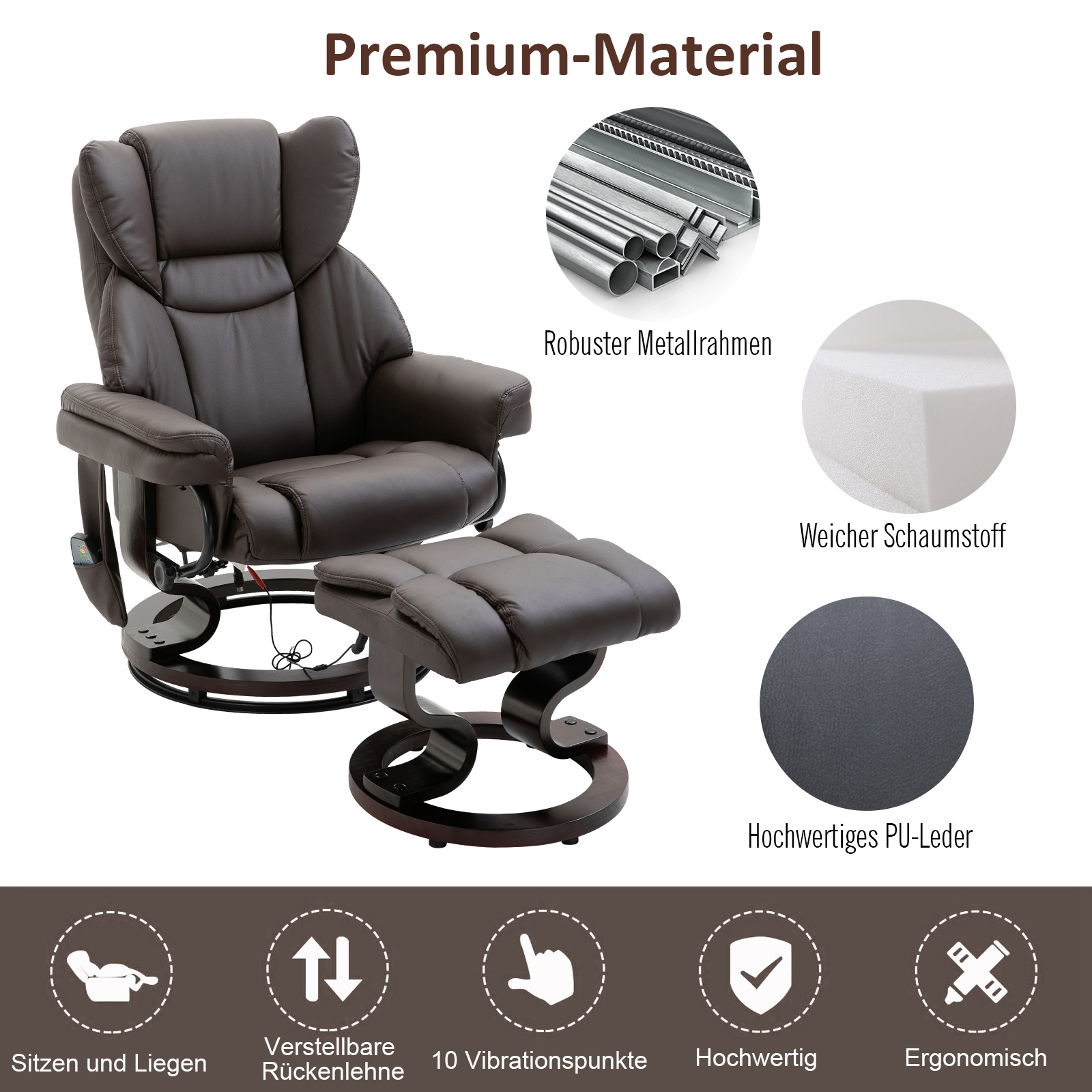 HOMCOM massagestoel met voetenbank relaxstoel kantelbaar tot 145° kunstleer bruin 79 x 82 x 101 cm
