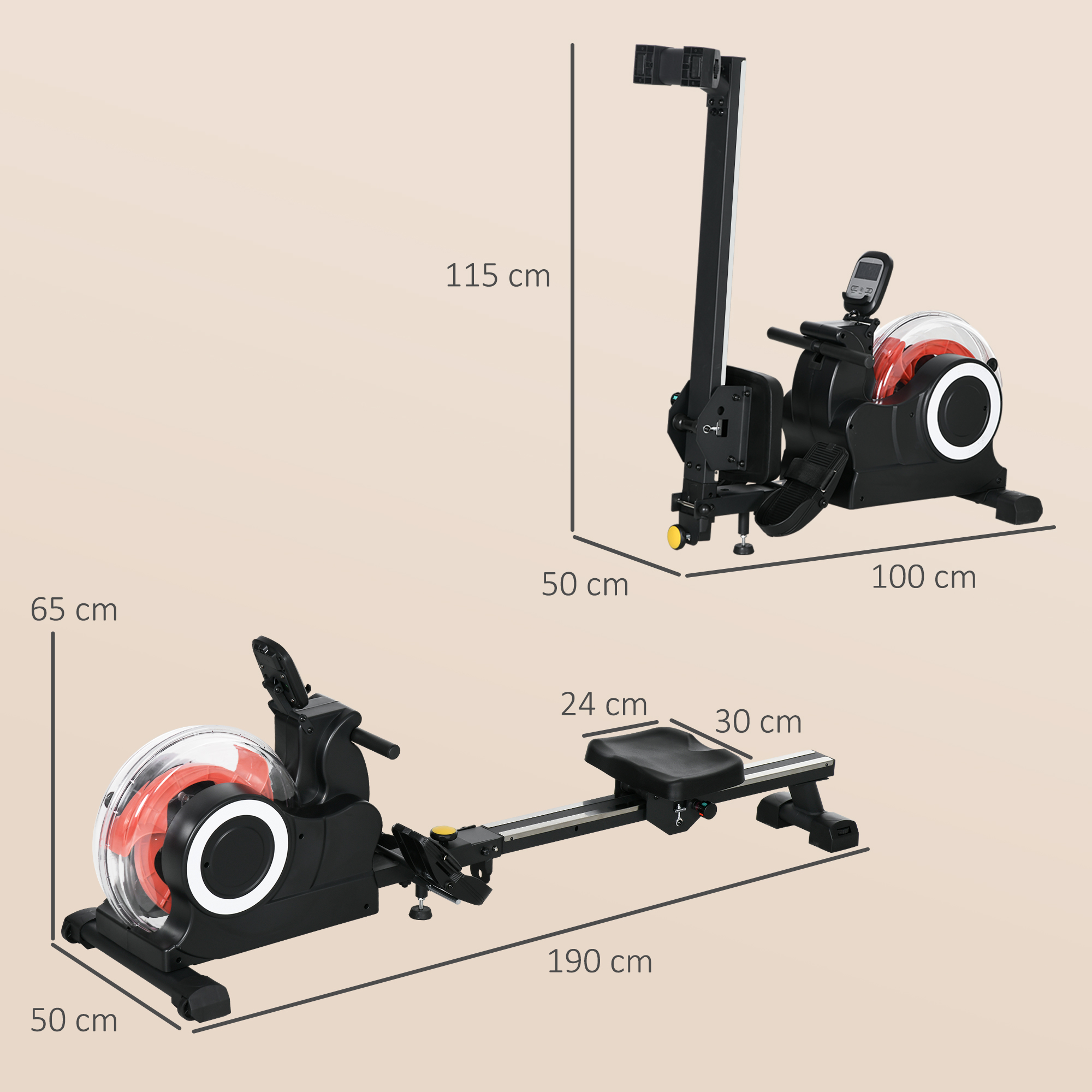 SPORTNOW Waterroeimachine, opvouwbaar, 6 weerstanden, display, mobielhouder, tot 120kg, metalen frame, Zwart