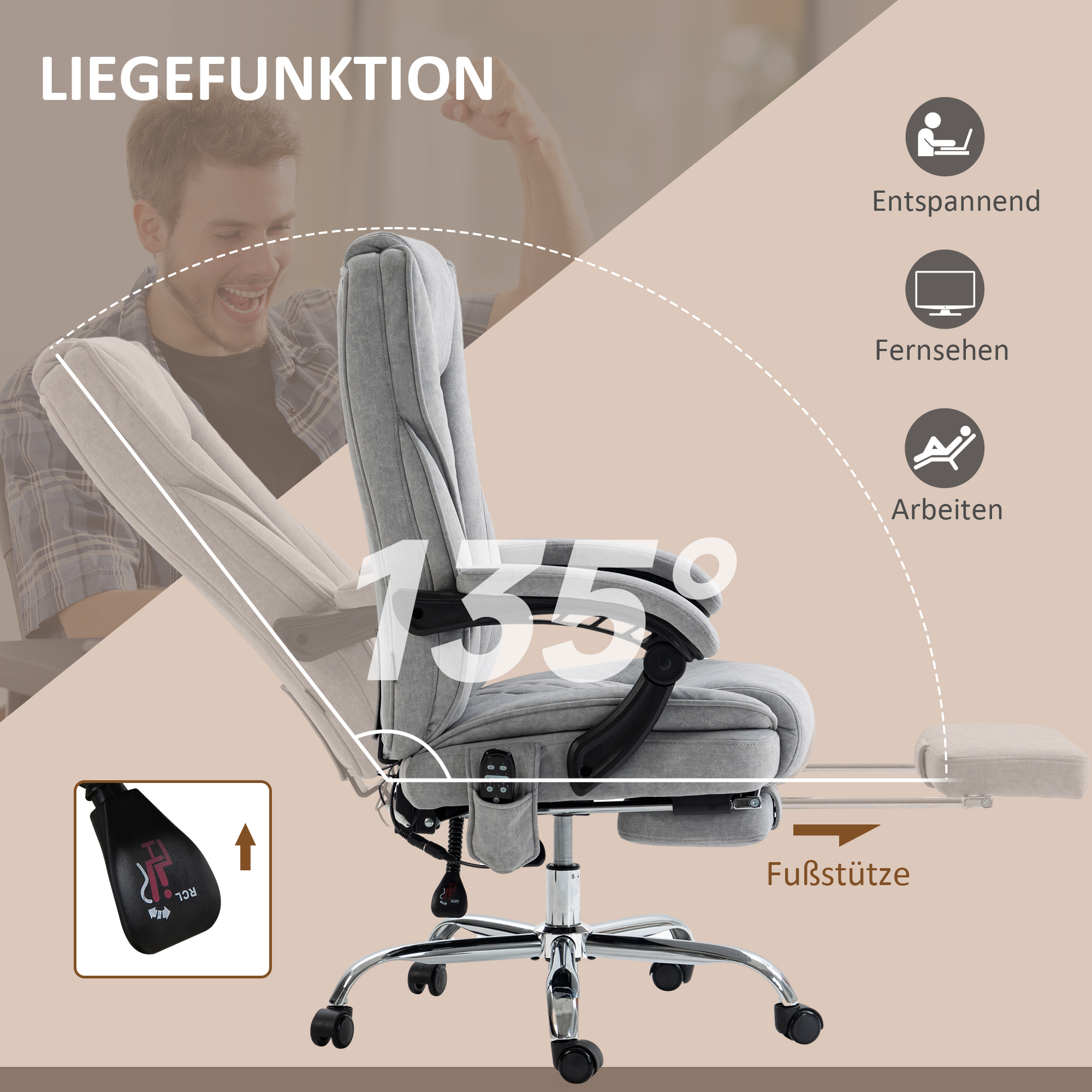 Vinsetto Ergonomische Bureaustoel met Massagefunctie, Voetsteun, Draaibaar, Verrijdbaar, Grijs