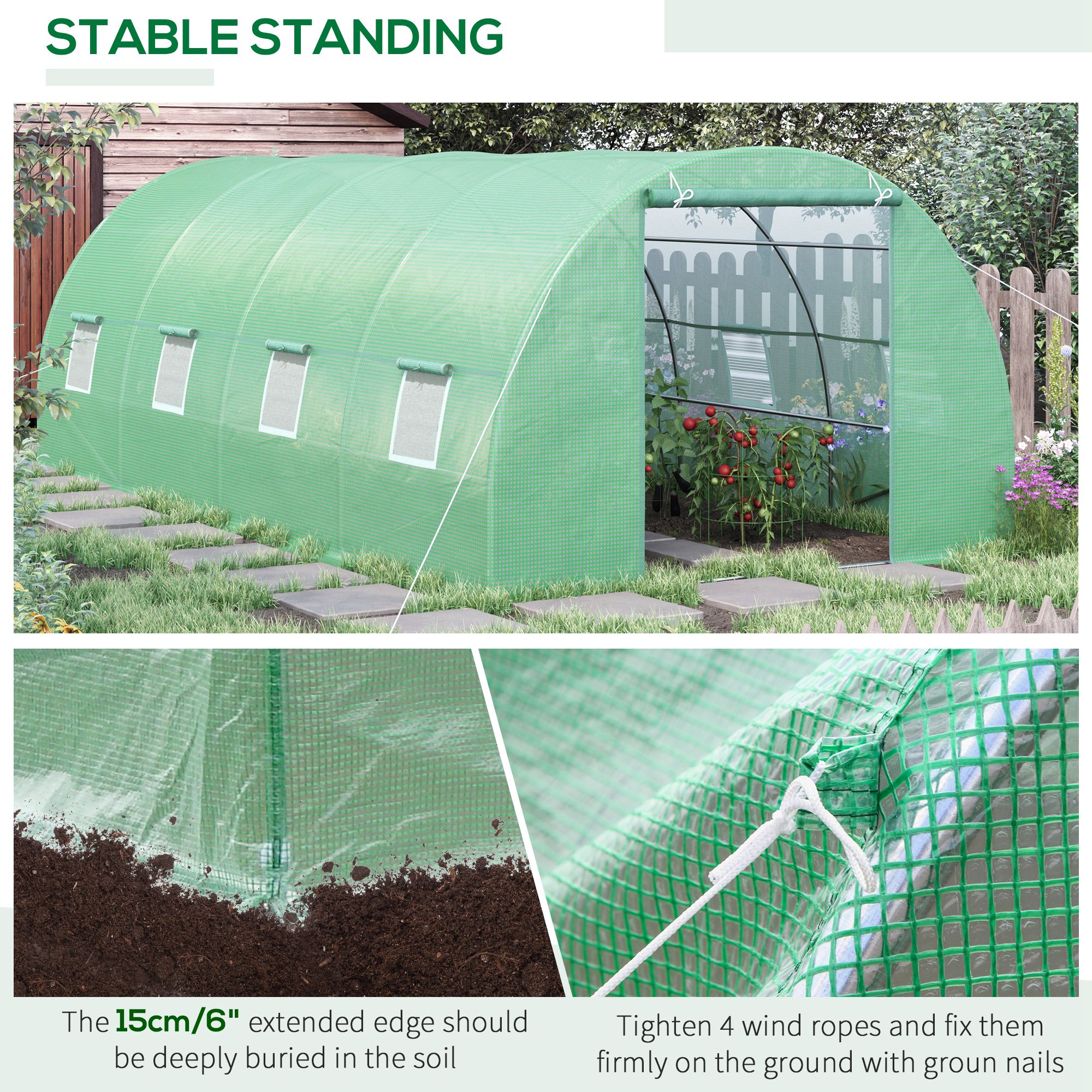 Outsunny Tuinkas Tomatenkas Broeikas Folietunnel Kweekkas met Venster Groen 595 x 300 x 200 cm
