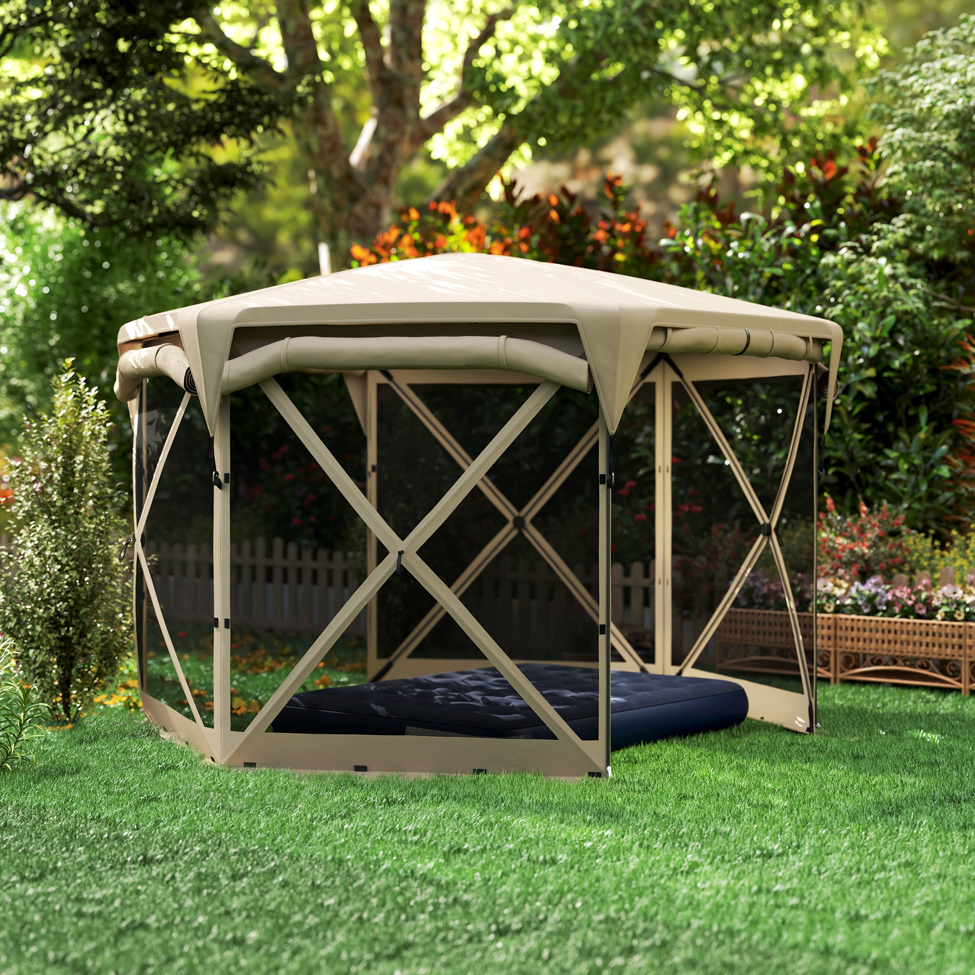 Outsunny 3 x 3,5 Pop-up Tuinpaviljoen met UPF30+ Bescherming, Netwanden, Draagtas, voor Tuinfeesten, Camping, Khaki