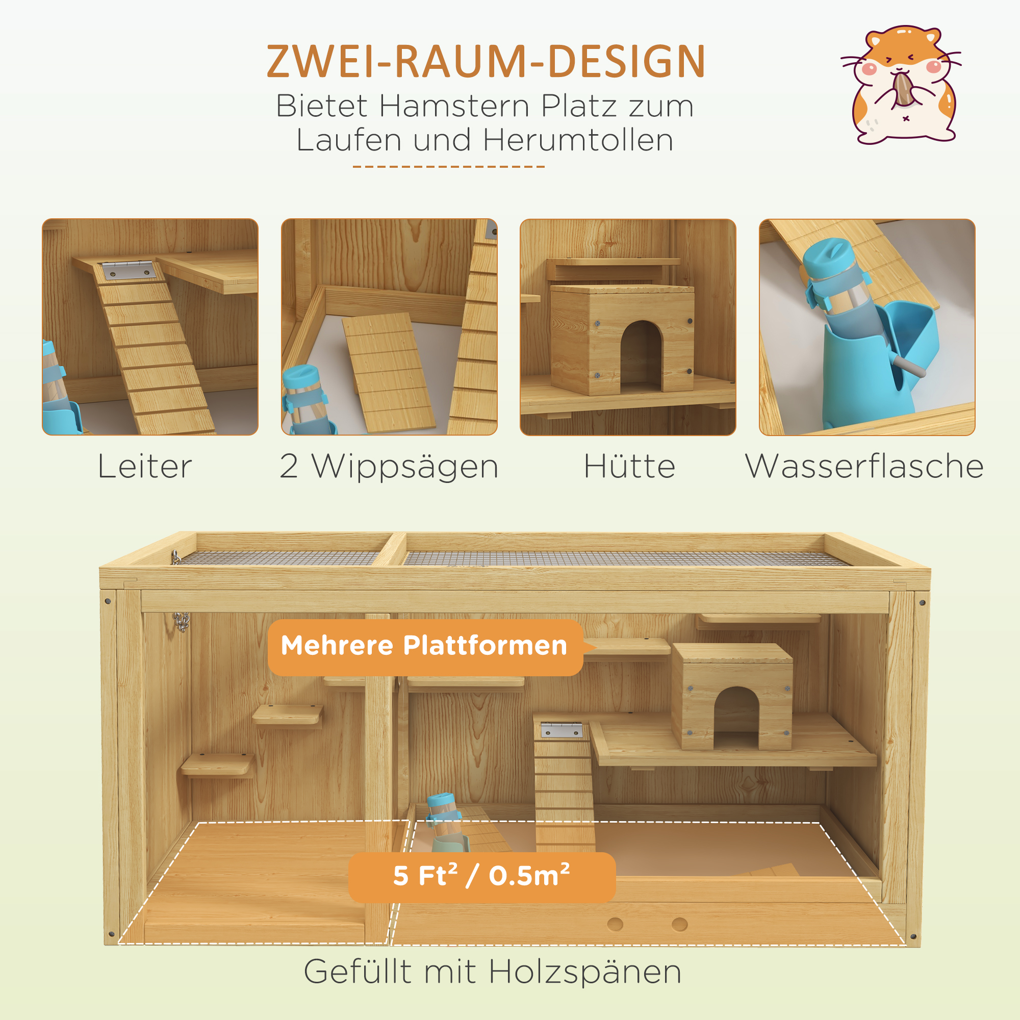 PawHut Knaagdierkooi, Sparrenhout, inclusief accessoires en drinkfles, 100 x 50 x 50 cm, Natuurlijk