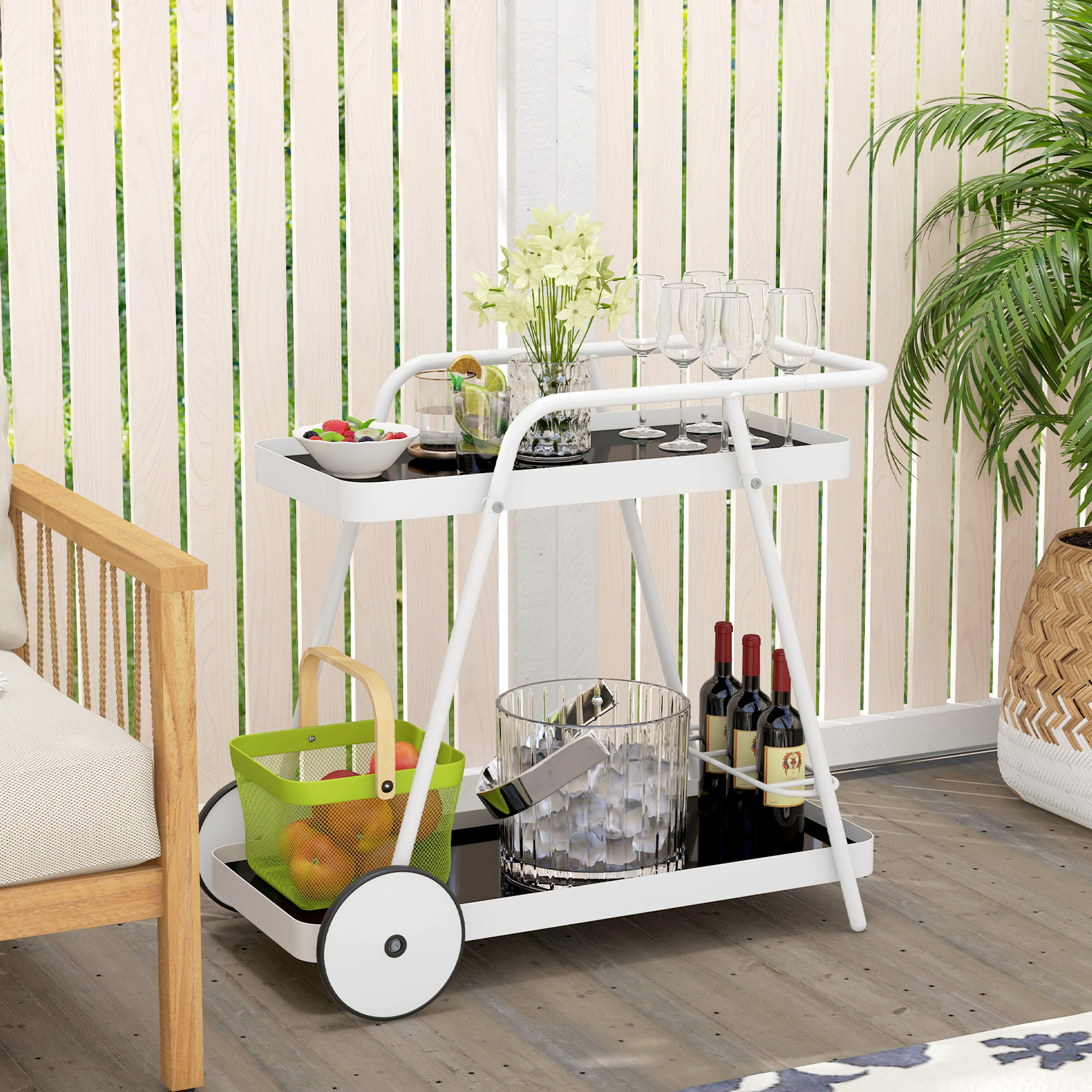 Outsunny Buitenserveerwagen, 2-laags, wijnrek, stalen frame, 86,5 x 51 x 78 cm, Zwart/Wit