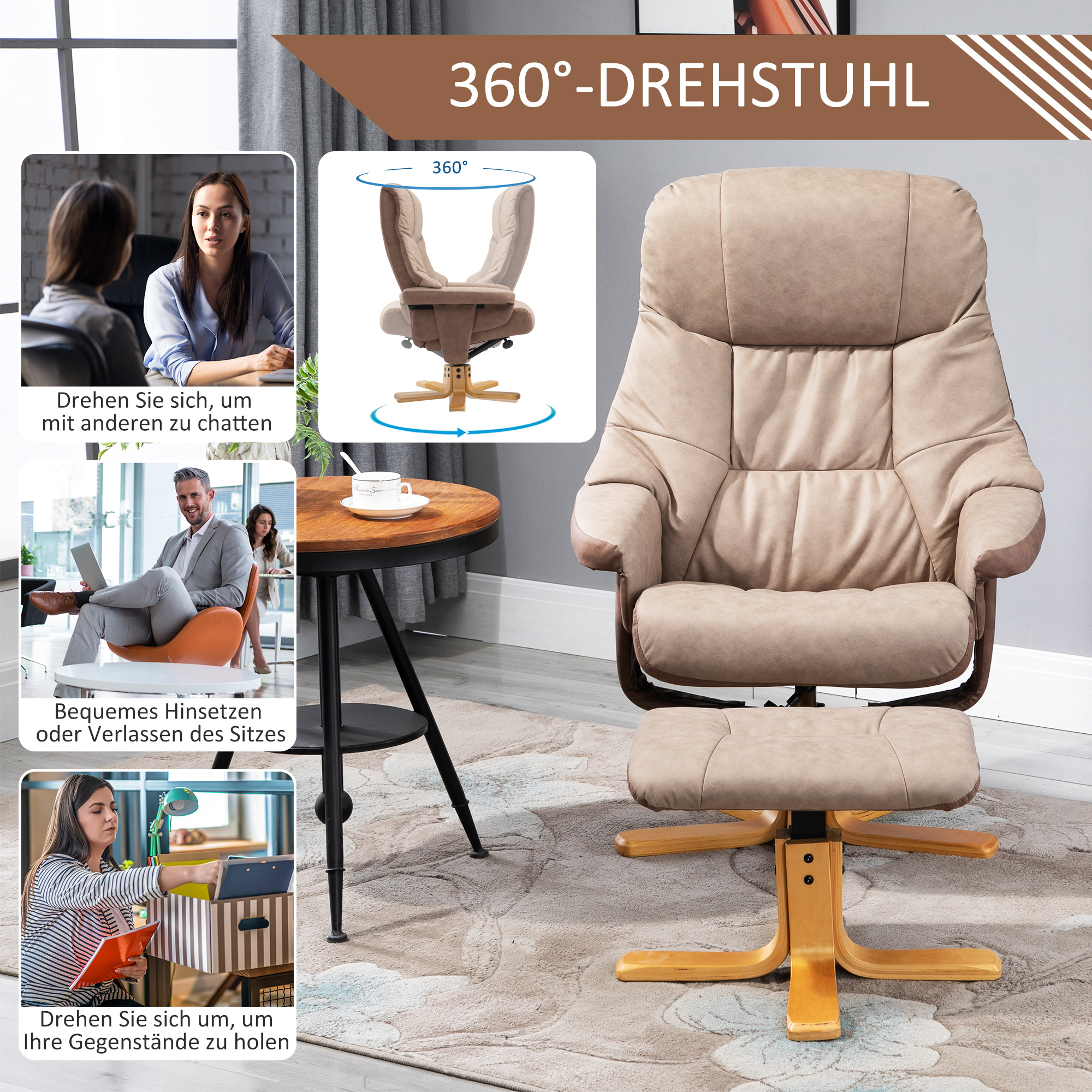 HOMCOM Relaxstoel met voetenbank, 360° draaibaar, 135° kantelbaar, ademende bekleding, 78 x 82,5 x 109 cm, bruin