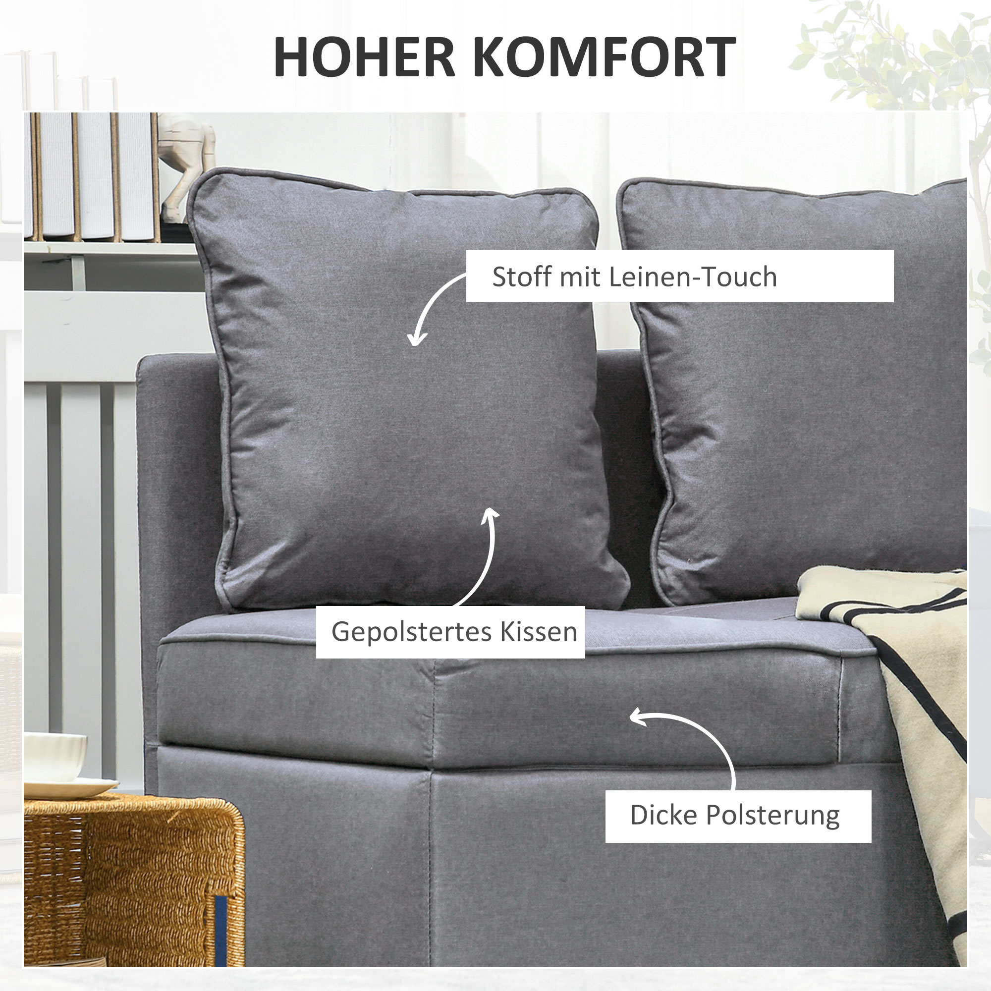 HOMCOM Slaapstoel, 2-Zitsbank met Bedfunctie, Opvouwbare Gestoffeerde Stoel met 2 Kussens, Linnen-Look Bekleding, Donkergrijs