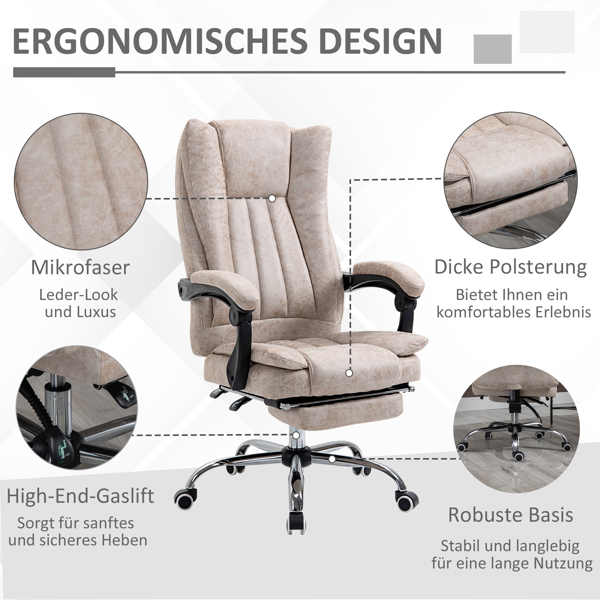 Vinsetto kantoorstoel draaistoel met ligfunctie voetensteun bureaustoel hoogteverstelling zitting stoel bureaustoel microvezel kunststof metaal nylon zwart + beige 63 x 71 x 118 cm