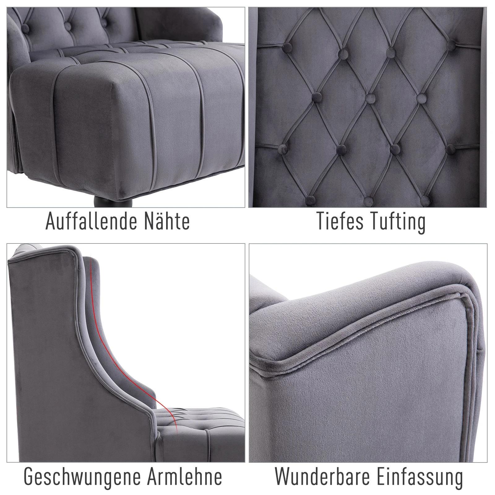 HOMCOM®-vleugelstoel met tufting, Relaxfauteuil, Fluweel, Grijs, 67 x 70,5 x 97 cm