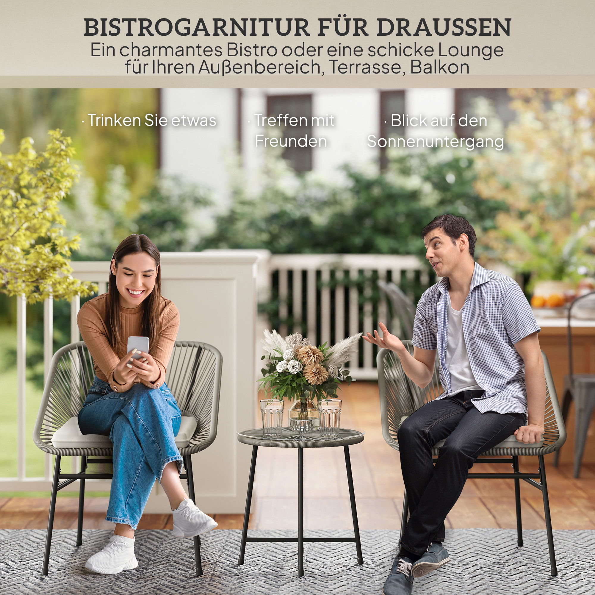 Outsunny 3-Delig Outdoor Meubelset, 1 Tafel, 2 Stoelen, Rotan Vlecht, Stalen Frame, Koffietafel Met Glazen Blad, Donkergrijs