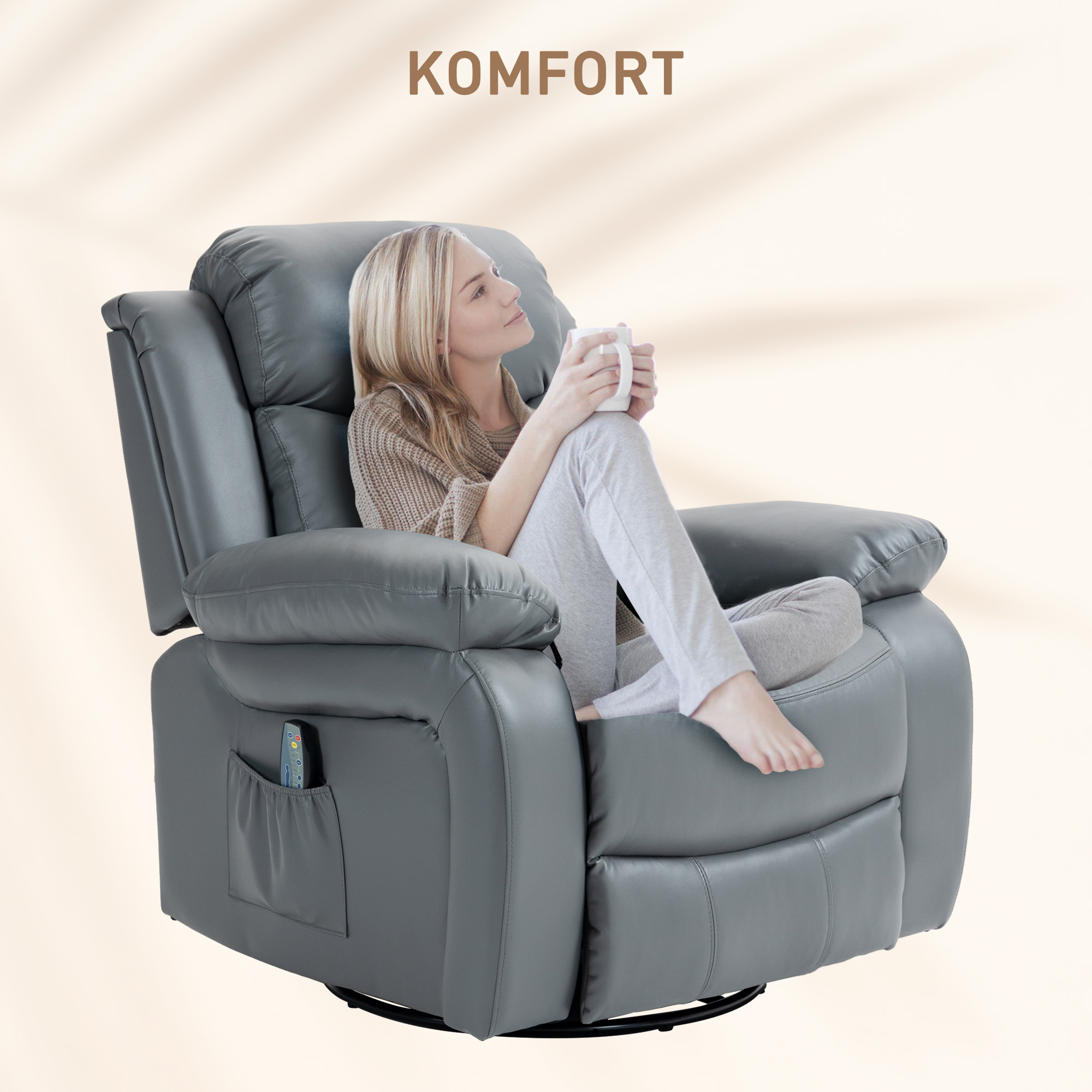 HOMCOM Massagestoel met Schommel- & Ligfunctie, Draaibaar, Tot 150 kg, Kunstleer, Grijs