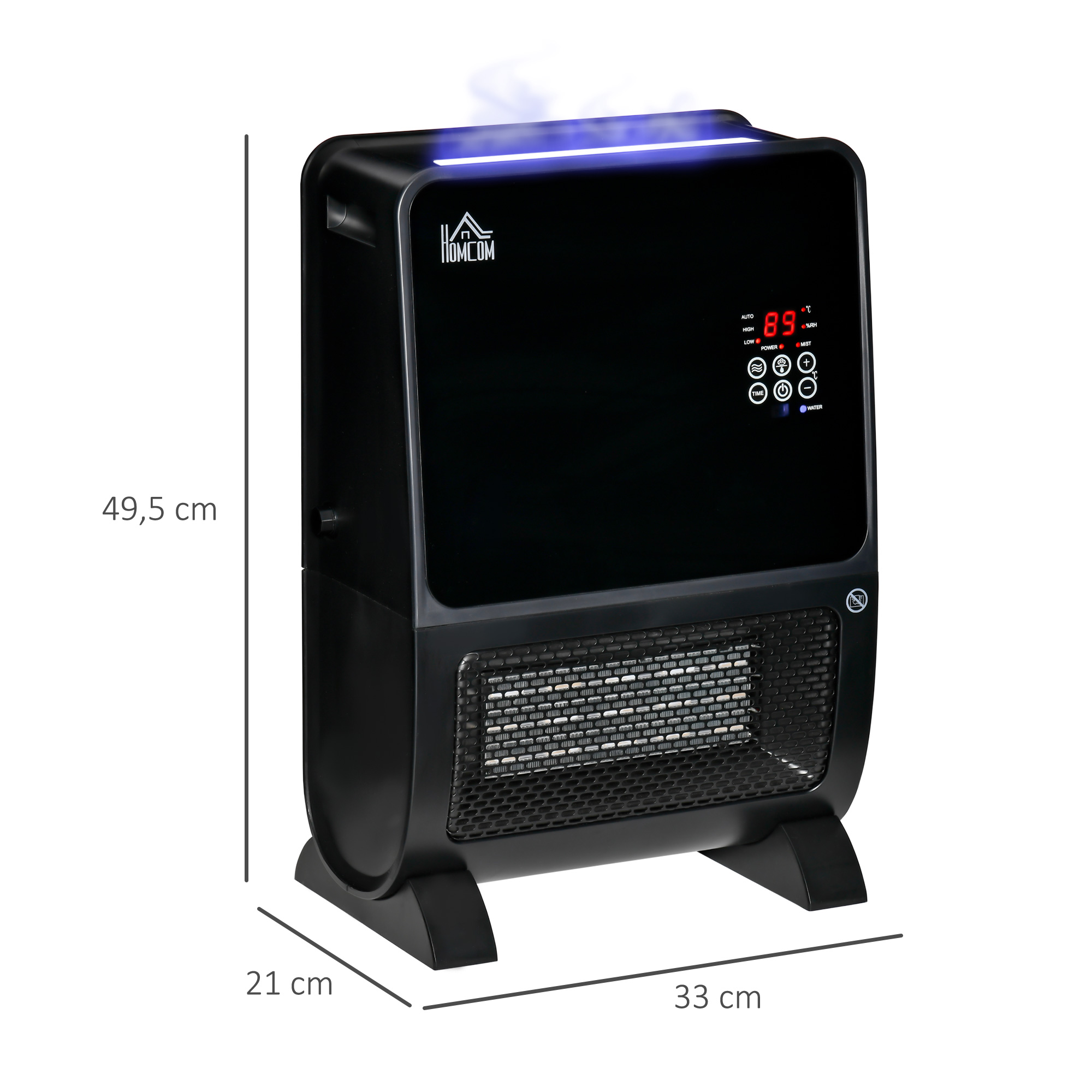 HOMCOM 2 in 1 luchtverhitter met afstandsbediening luchtbevochtiger keramisch LED licht bevochtigingsfunctie 8-uurs timer kachel verwarming 2000W ABS zwart 33 x 21 x 49.5 cm