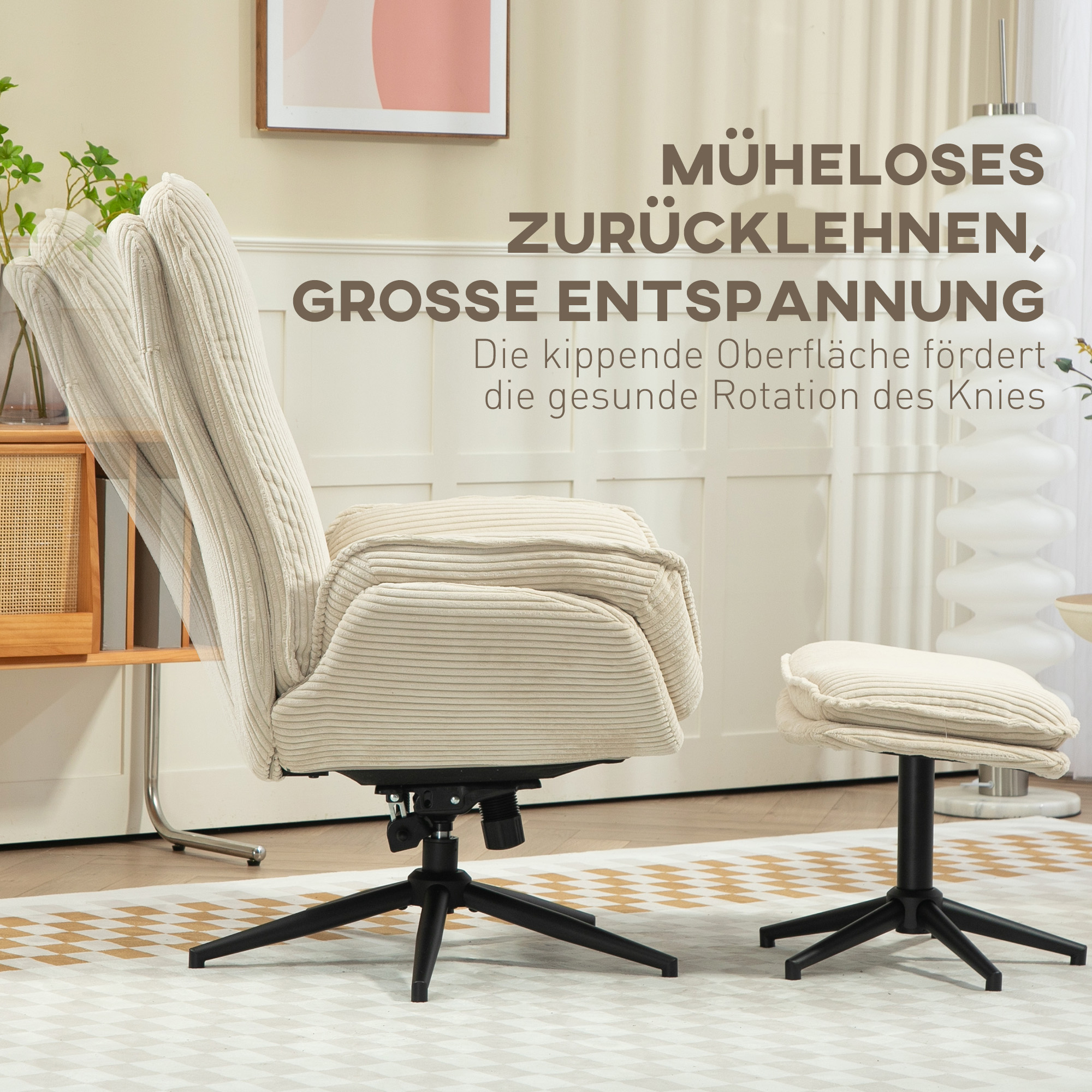 HOMCOM Draaibare Gestoffeerde Fauteuil met Voetenbank, Modern Relaxfauteuil voor Woonkamer, Slaapkamer, Thuiskantoor, Beige