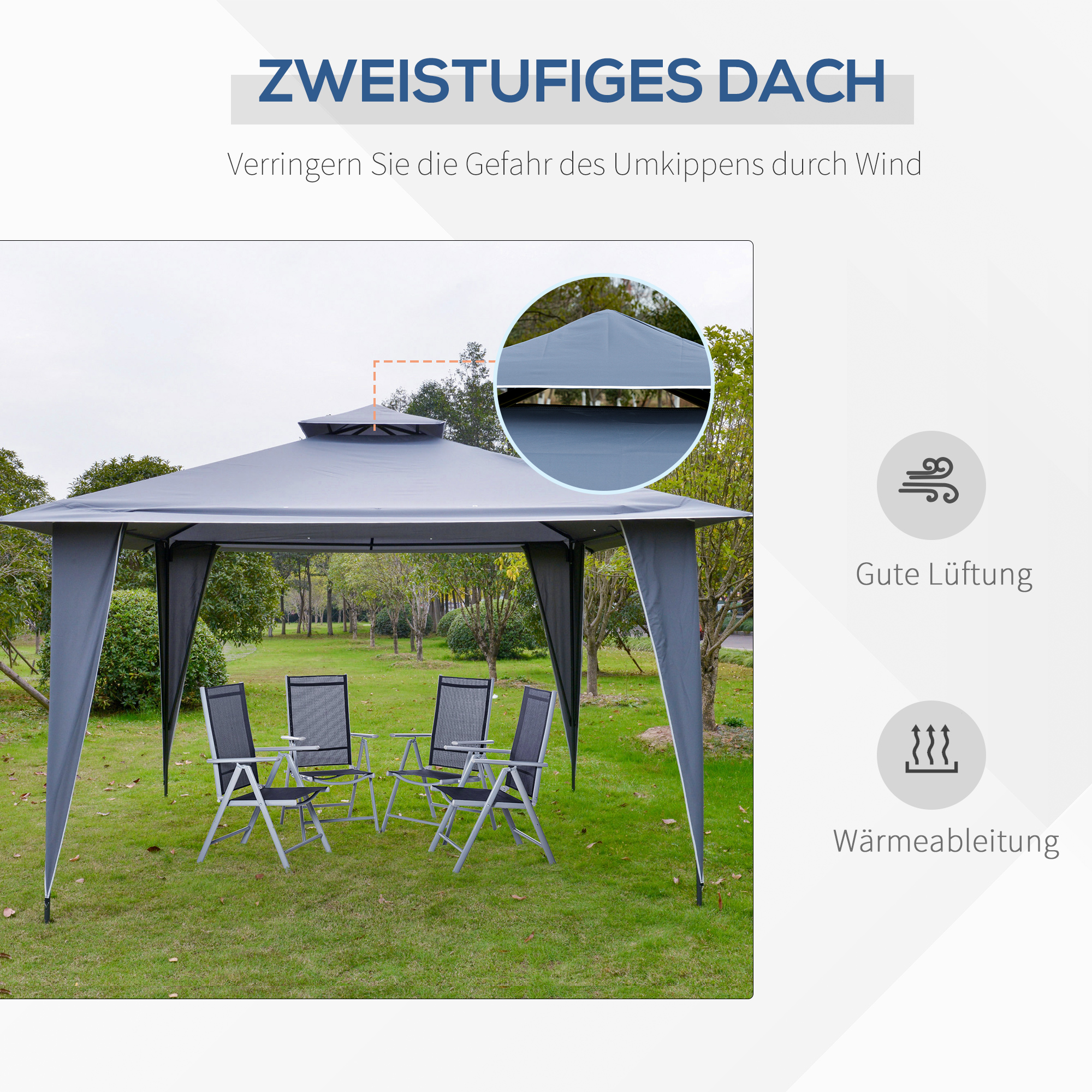 Outsunny dubbel dak tuinhuisje, metalen frame, grijs, 3,5 x 3,5 x 2,7 m