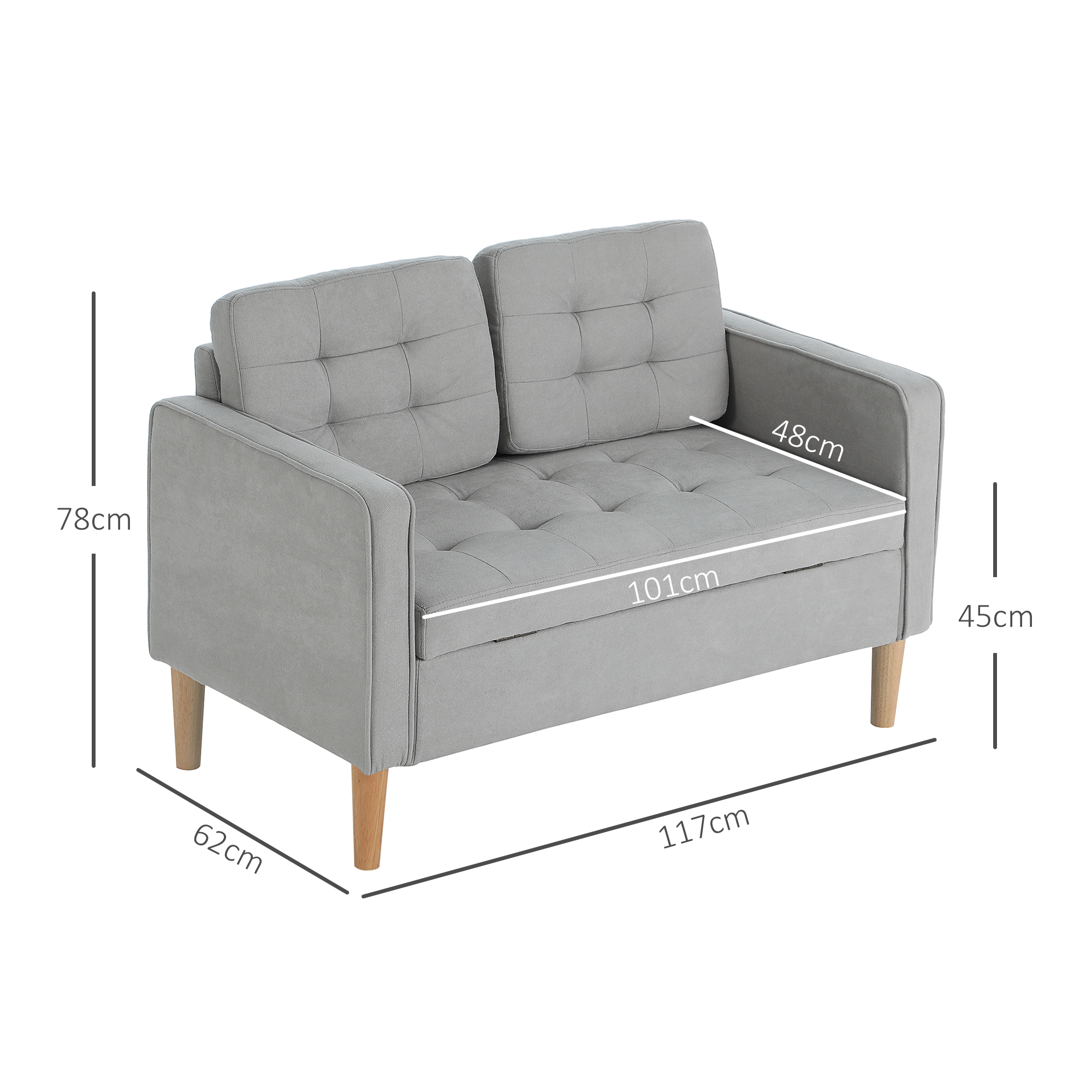 HOMCOM Tweezitsbank met Opbergruimte, Knopen Trekt, Kussens, Rubberhout, 117x62x78cm, Lichtgrijs