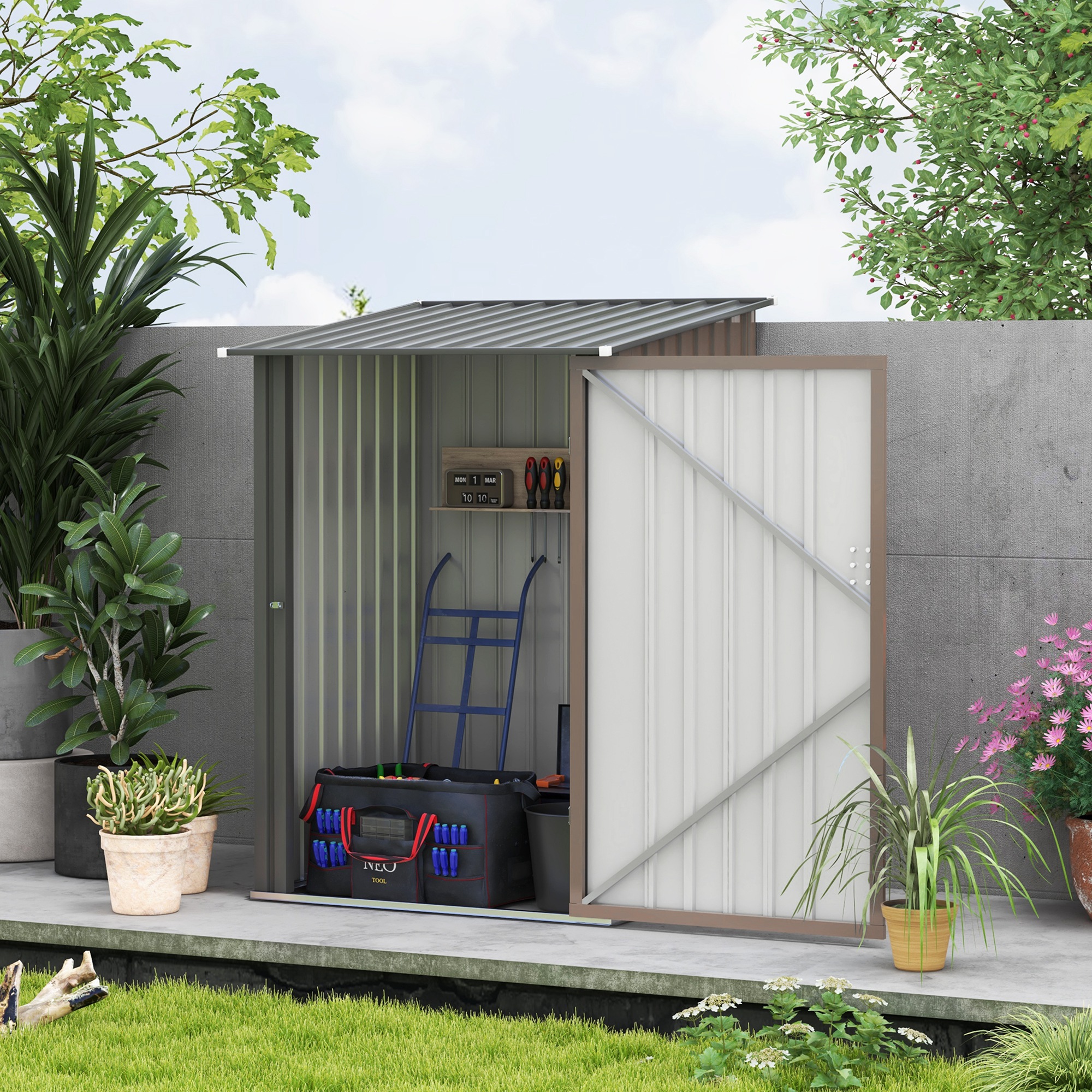 Outsunny tuinhuis van metaal 0.92 m², metalen tuinhuisje voor balkon en terras, bruin
