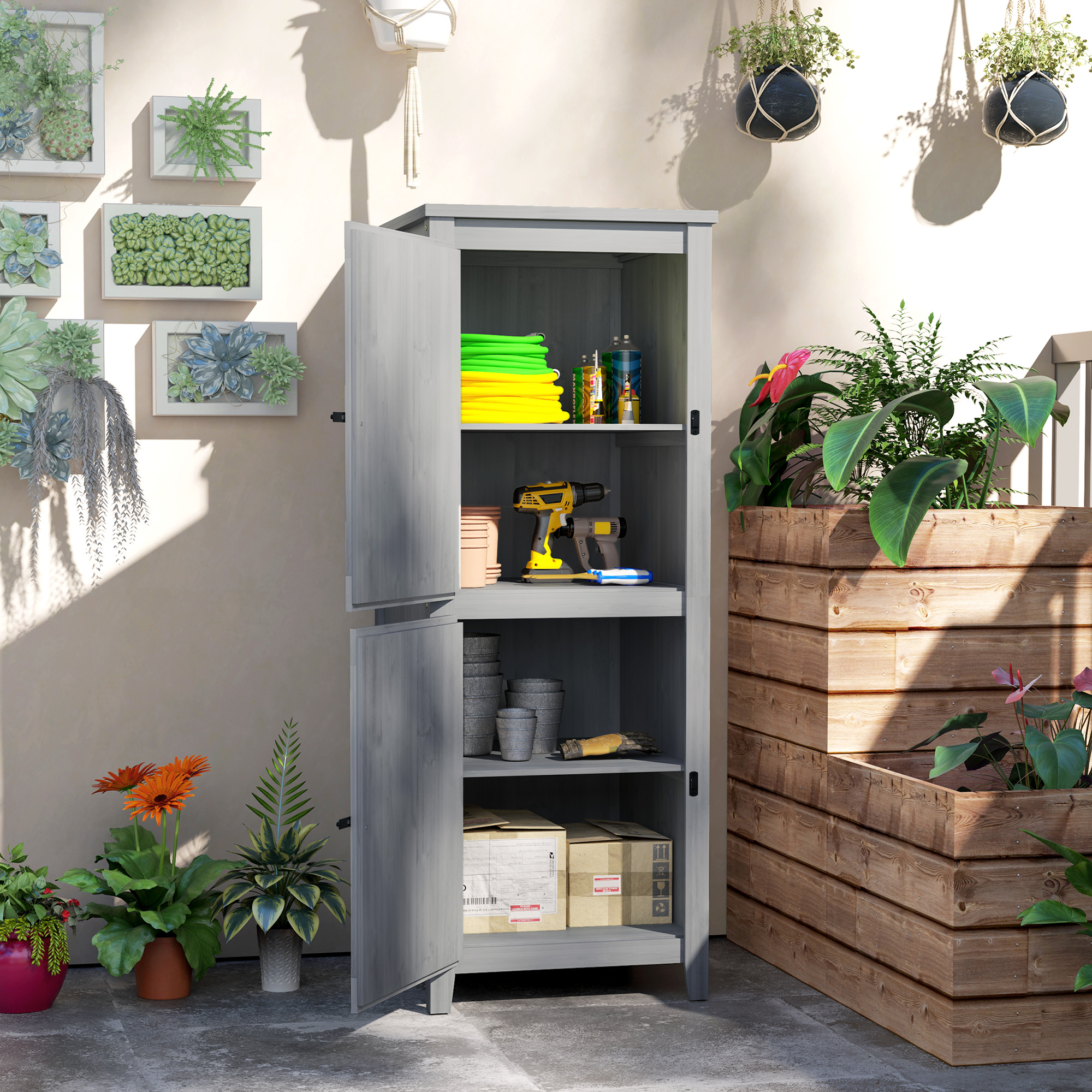 Outsunny Houten Tuinschuur, Compacte Tuinschuur voor Gereedschap en Tuingereedschappen met Afsluitbare Deuren, Lichtgrijs