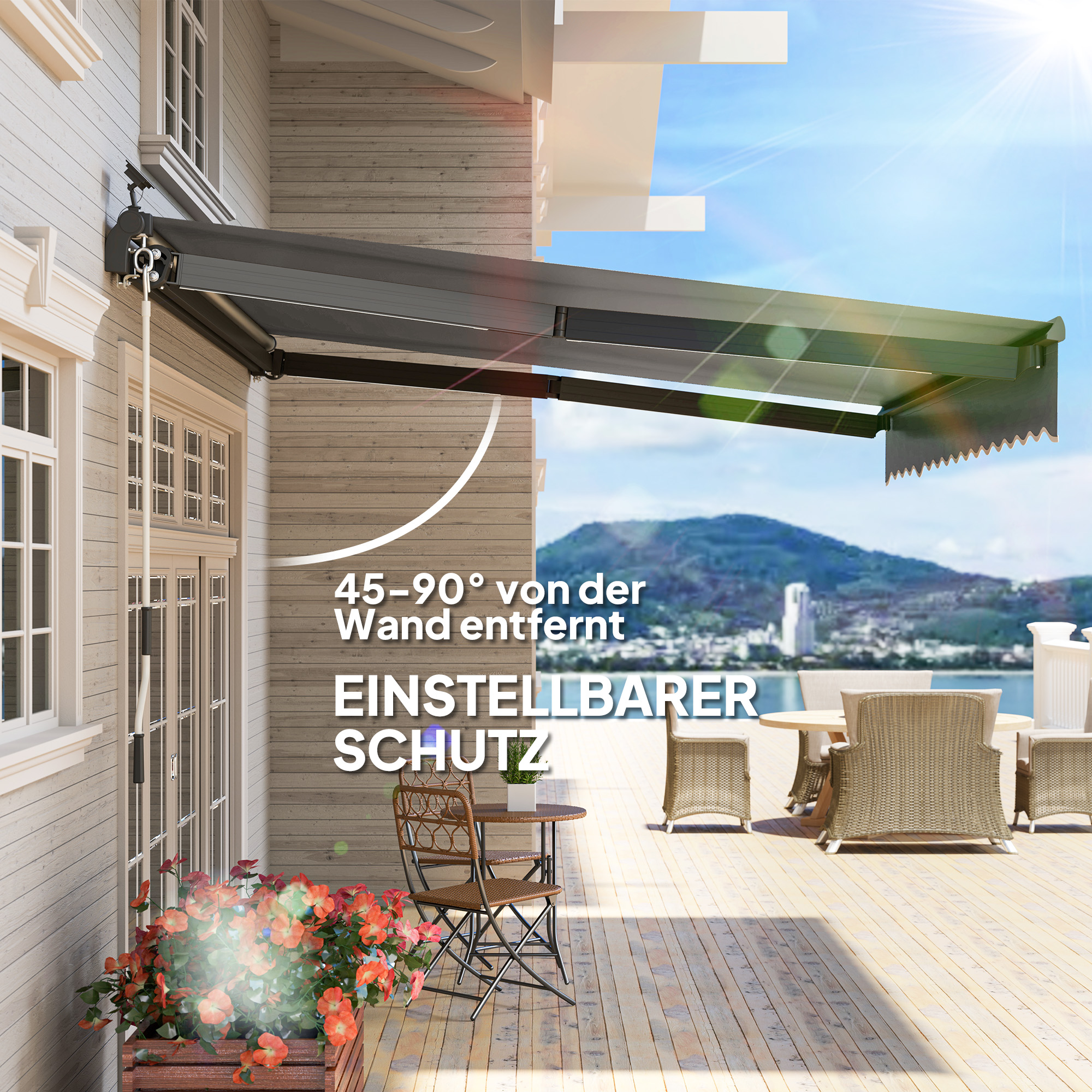 Outsunny Uitschuifbare Luifel met Handkruk en Zonne-energie LED-licht UV 50+ 400 cm breed Grijs