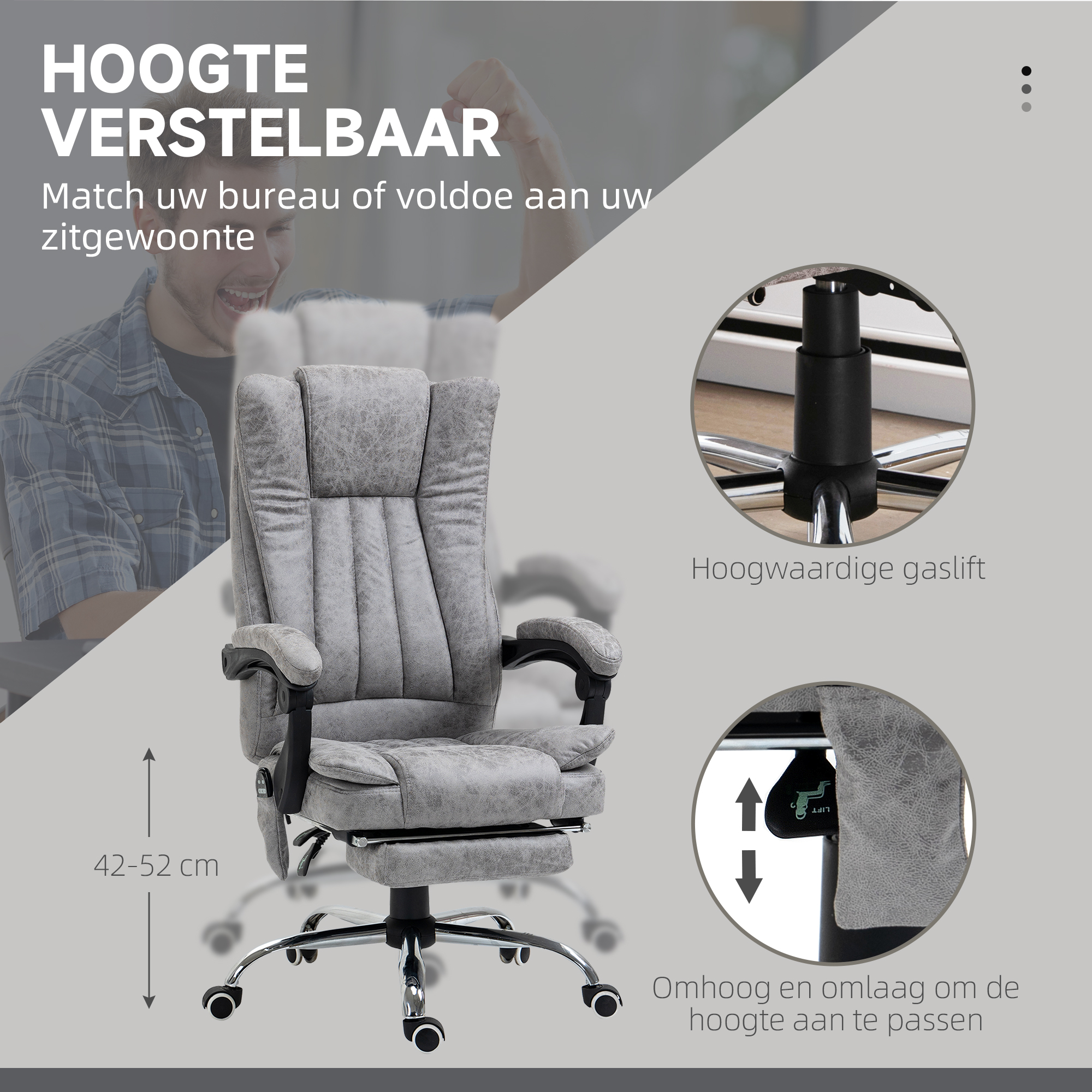 HOMCOM Bureaustoel massagestoel verwarmingsfunctie ligfunctie voetensteun grijs