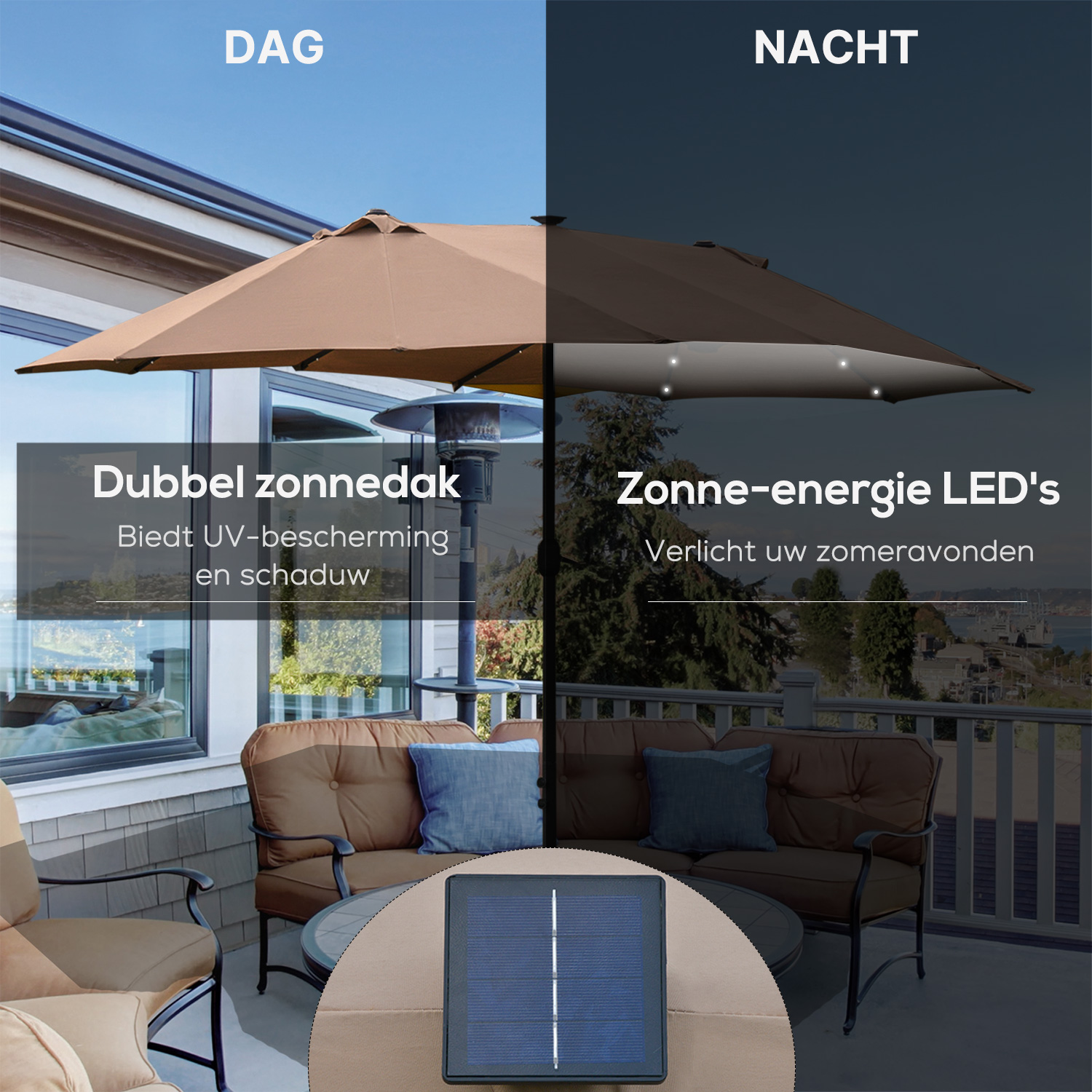 Outsunny parasol met LED dubbele parasol 440 x 260 cm tuinparasol marktparasol grote terrasparasol met handslinger ovaal metaal kaki