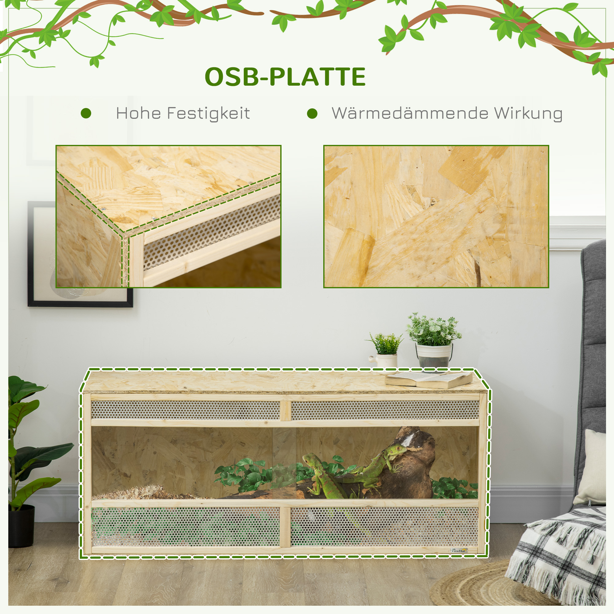 PawHut Terrarium voor Reptielen/Amfibieën, met Glazen Schuifdeuren, Ventilatiegrill, 120x50x50cm
