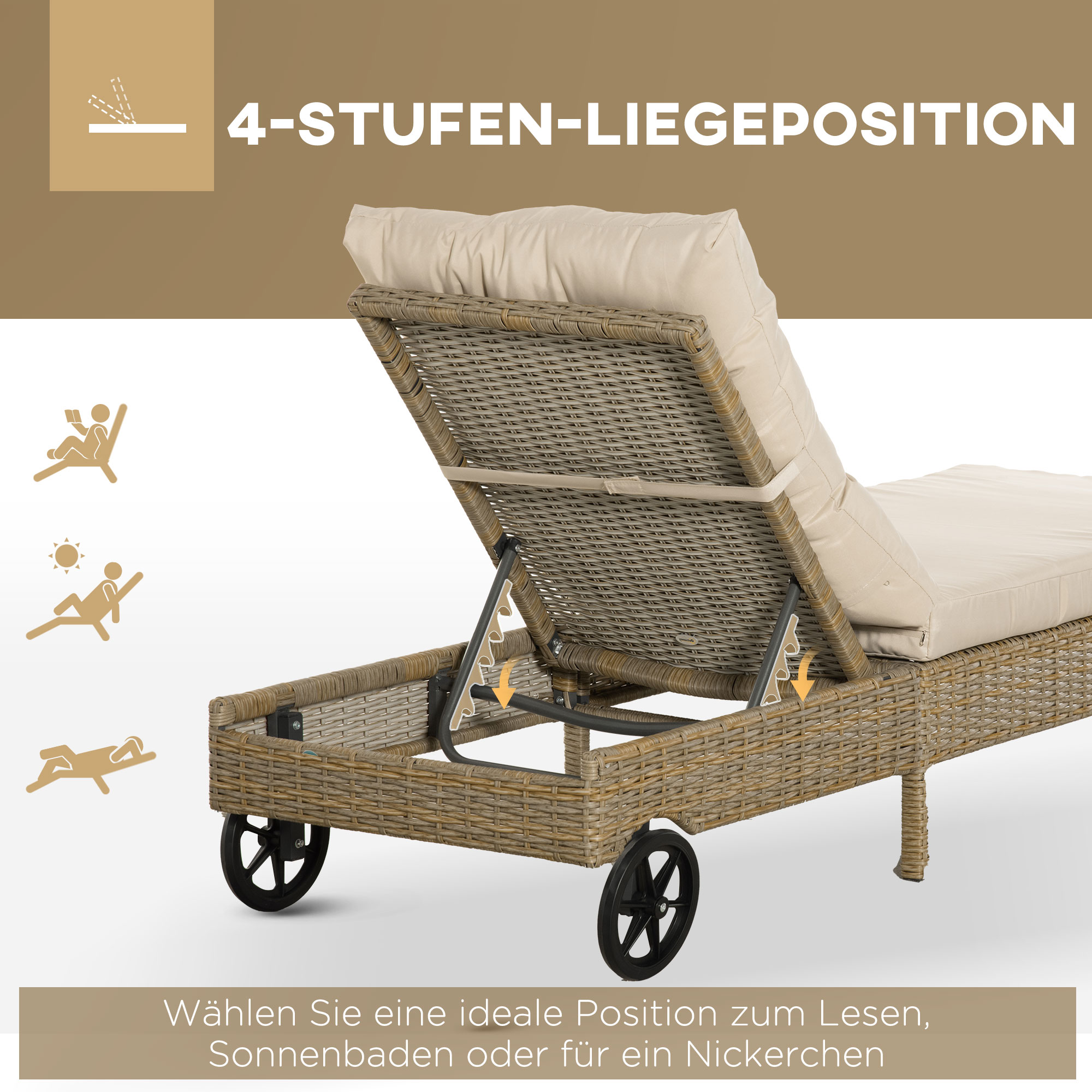 Outsunny ligbed rotan look naturel + kaki 200 x 66 x 92 cm