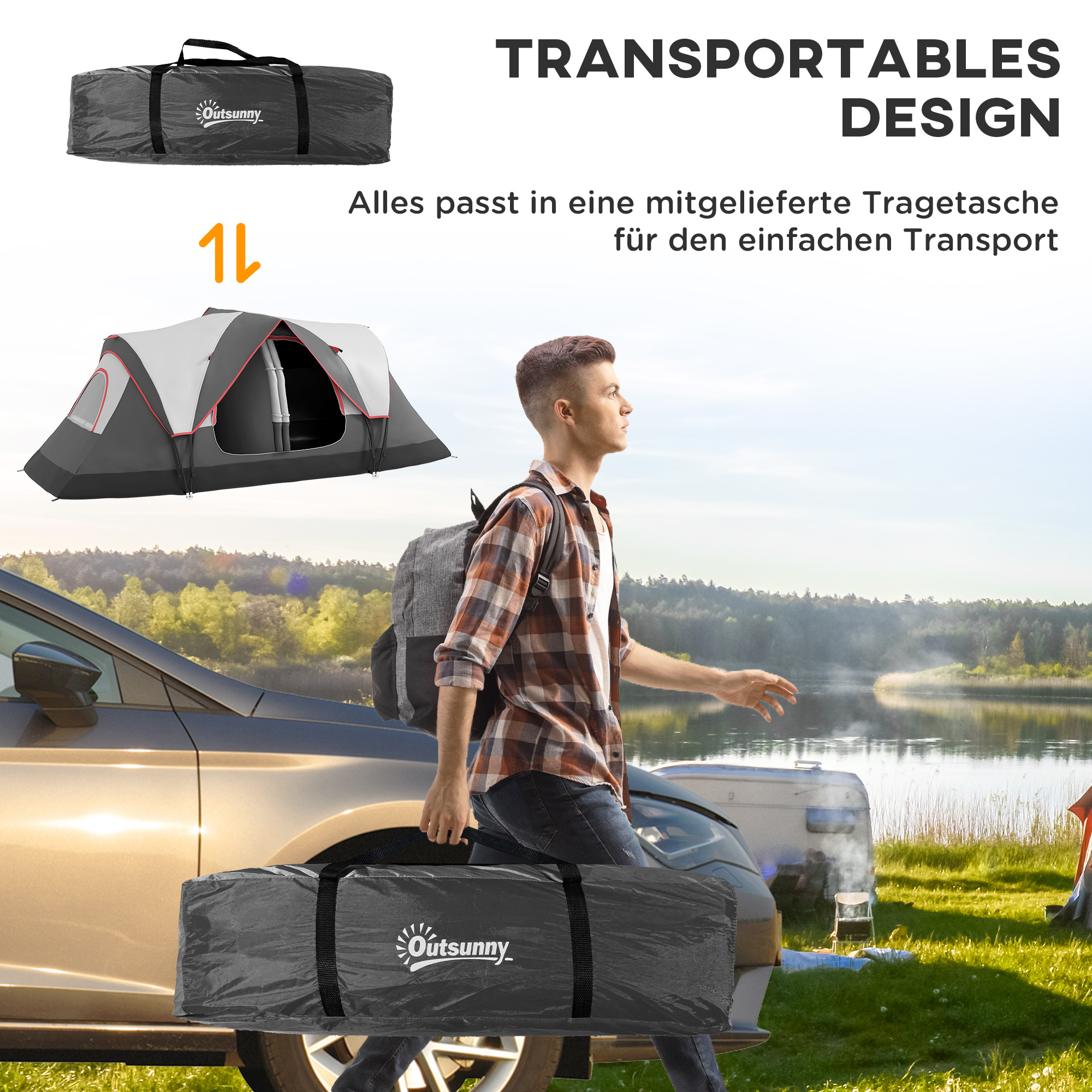 Outsunny Campingtent, 2 Kamers, Scheidingswand, voor 6 Personen, Regenbescherming, Grijs