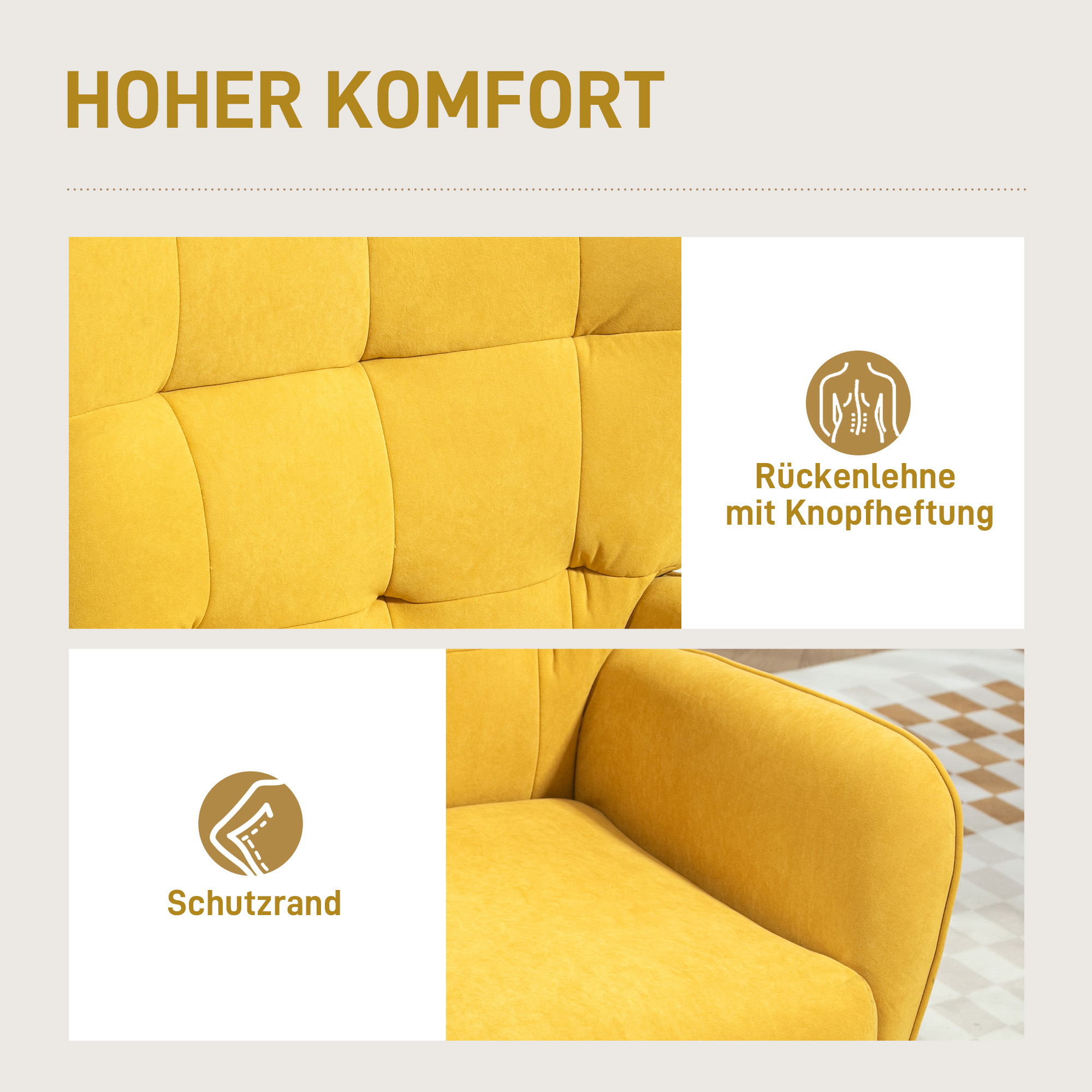 HOMCOM Gestoffeerde fauteuil, Woonkamerstoel met stiksels, Zachte bekleding in Fluweel Look, tot 120 kg, Geel