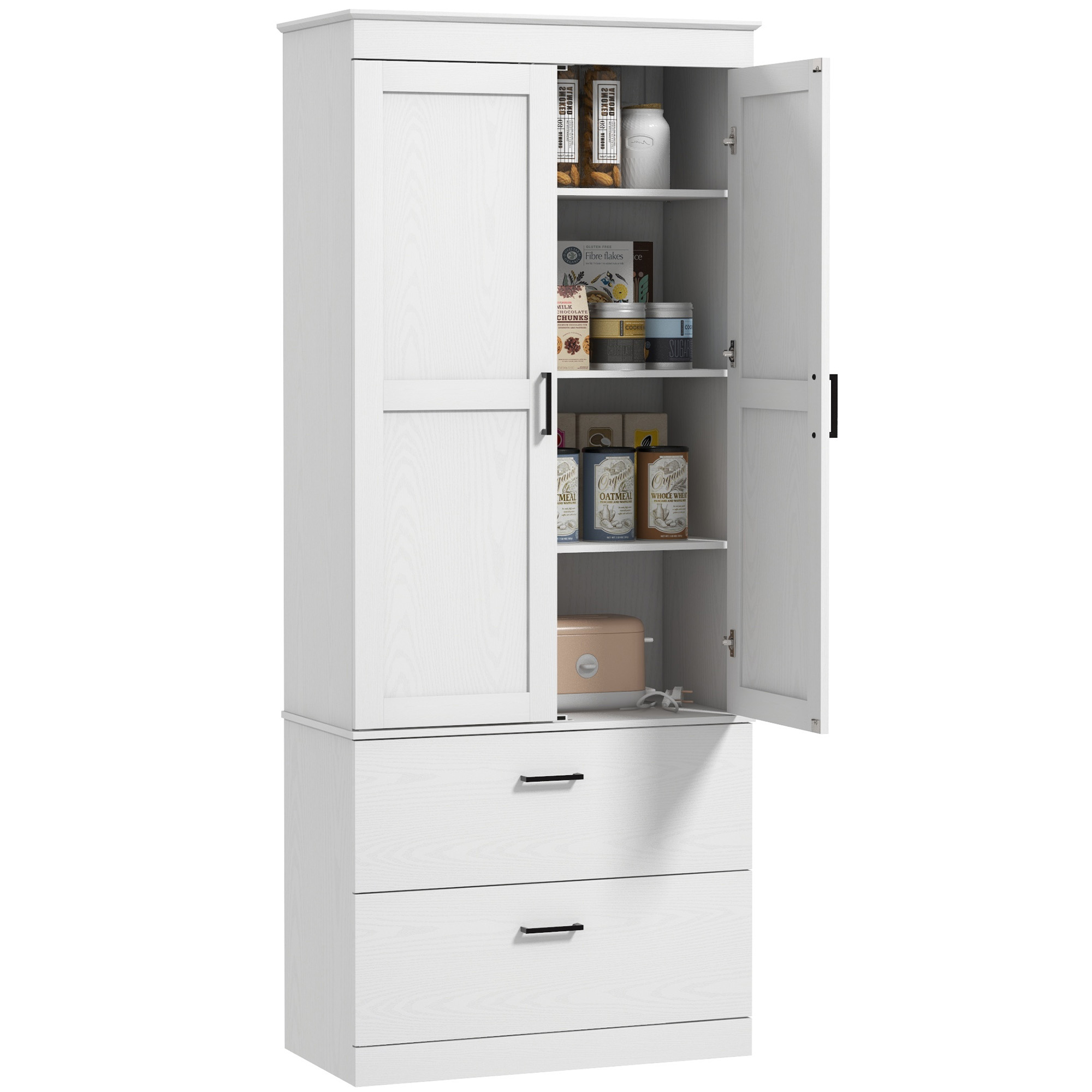 HOMCOM Vrijstaande Keukenkast met Verstelbare Schappen en Twee Brede Laden voor Woonkamer, Keuken, Wit