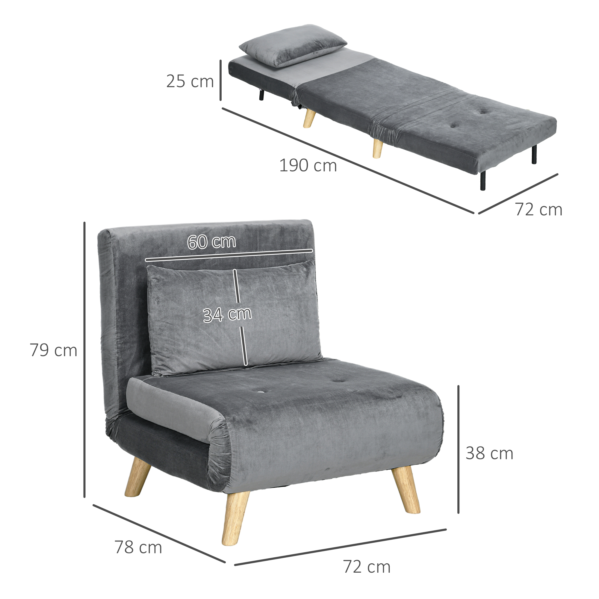HOMCOM 2-in-1 Stoel, Relaxstoel, Gastenbed, 72 cm x 78 cm x 79 cm, Grijs