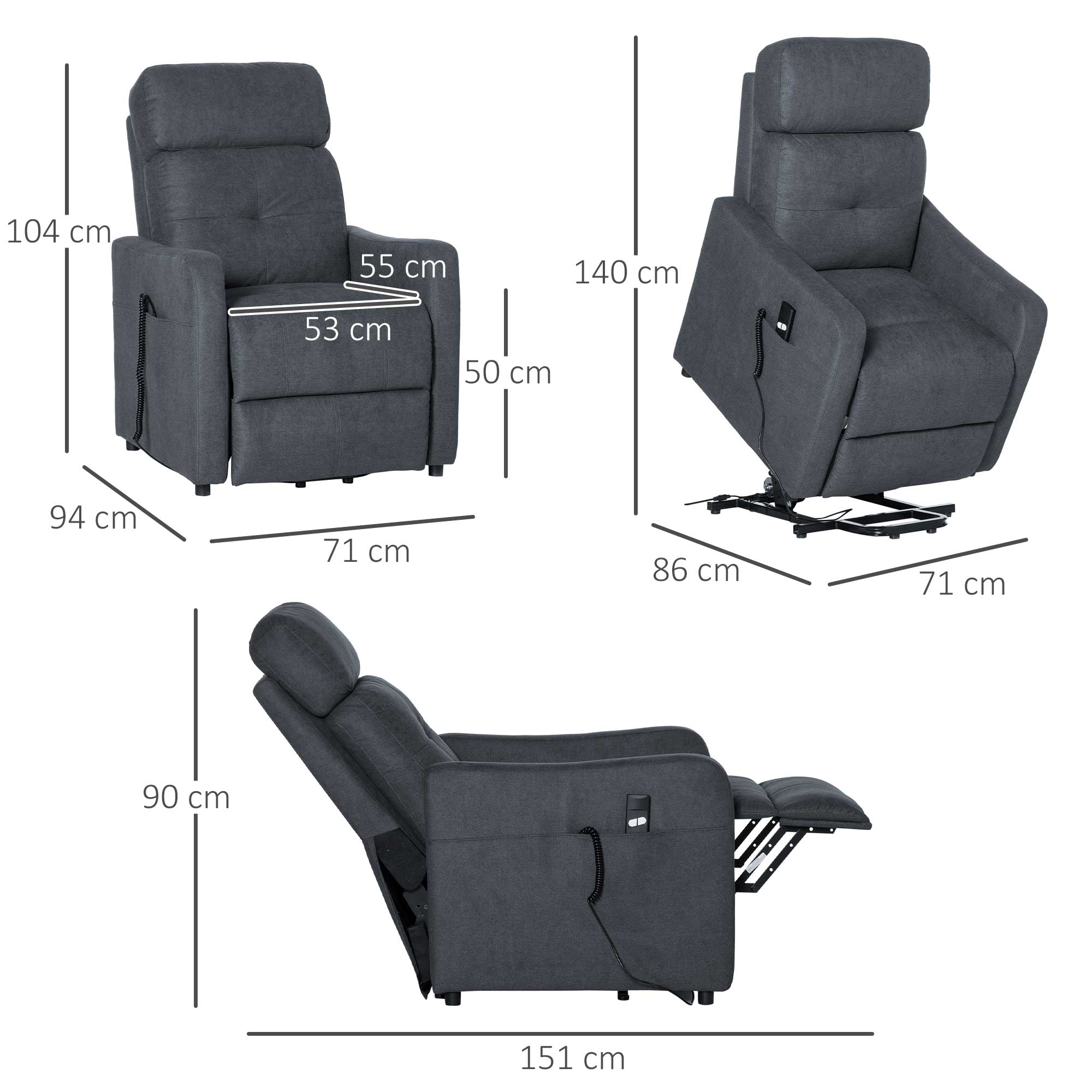 HOMCOM elektrische fauteuil TV fauteuil fauteuil met opstahulp Relax fauteuil met ligfunctie met afstandsbediening polyester stof grijs 71 x 94 x104 cm