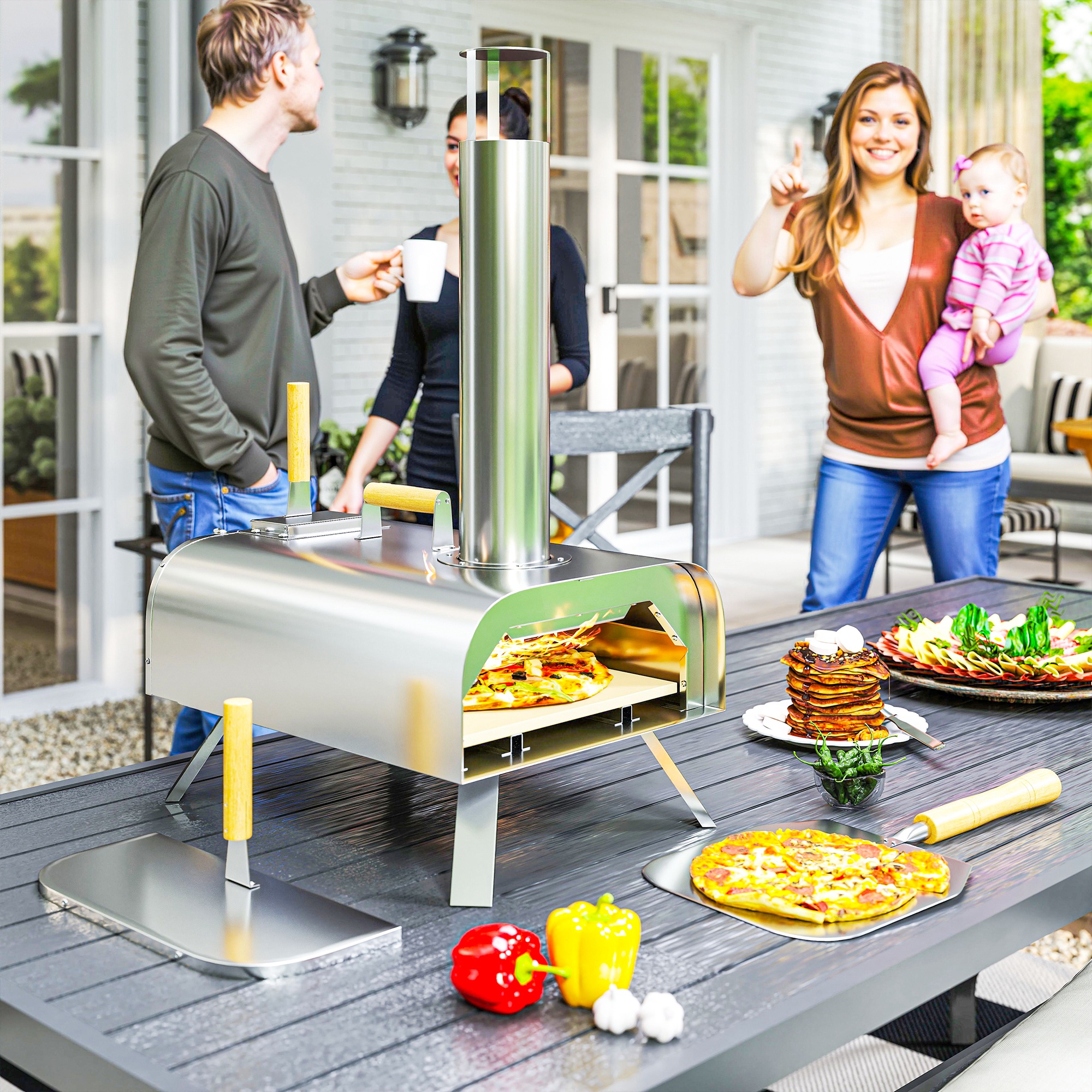 Outsunny Outdoor Pizzaoven, Draagbare Pizza-Oven met Pizzasteen en Schep, Opvouwbare Poten, Schoorsteen, Roestvrijstaal
