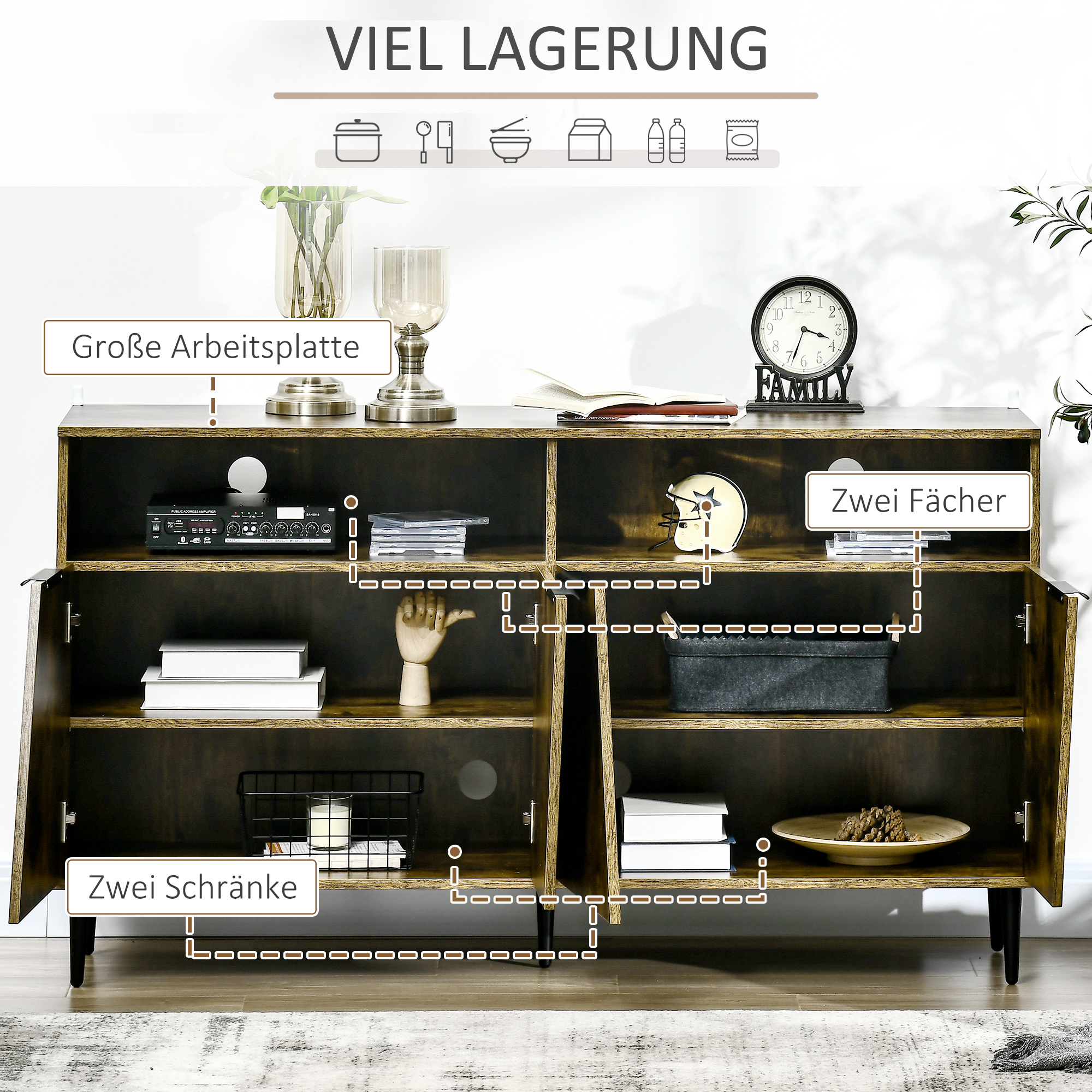 HOMCOM keukenkast dressoir opbergkast rustiek bruin + zwart
