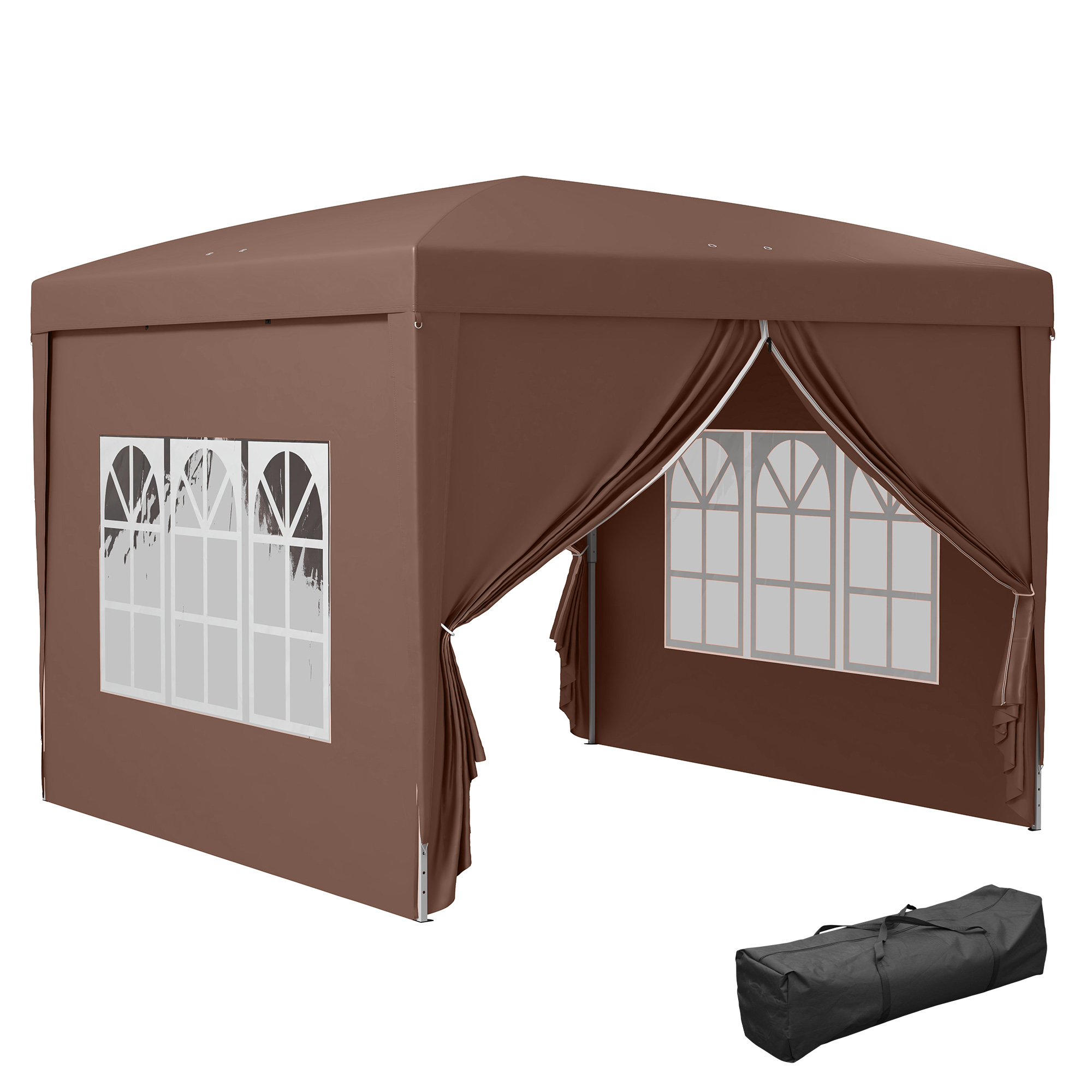 Outsunny 3 x 3 m Paviljoen met 4 zijwanden, ramen, feesttent met UV-bescherming, tuinpaviljoen incl. draagtas, Staal, Koffie