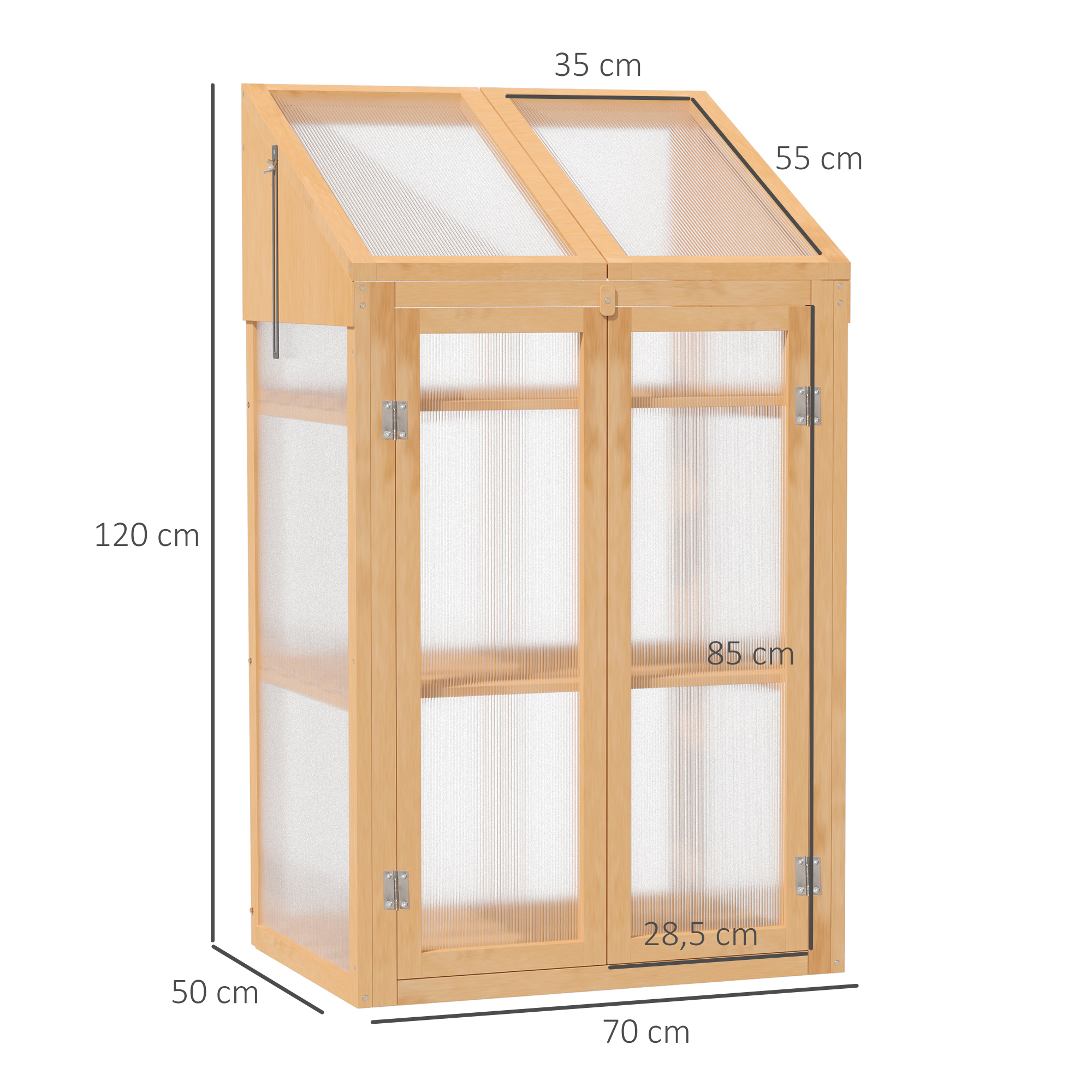 Outsunny Mini-kas, Klein Kas met Houten Frame, Vensters en Dubbele Deur, 3 Planken, 70L x 50B x 120H cm, Bruin